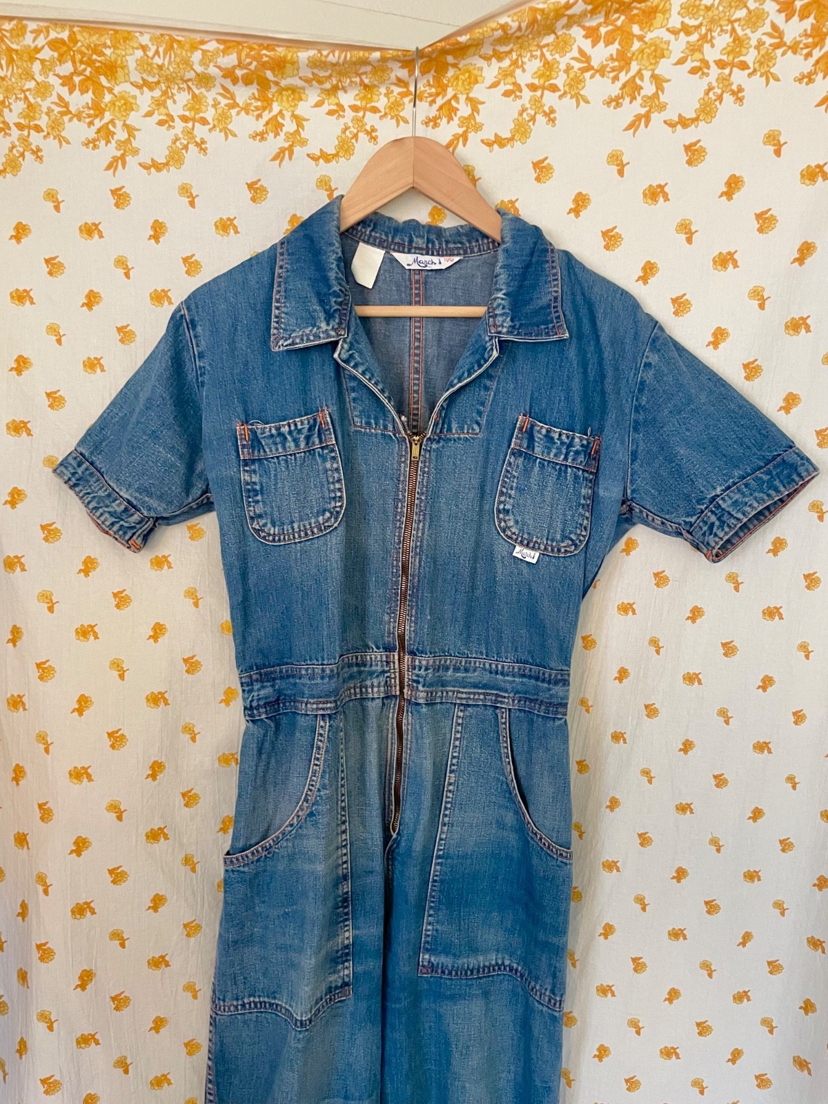Vintage 70s Denim Jumpsuit March 1 Zip Front Utility Workwear USA Cotton 11 12