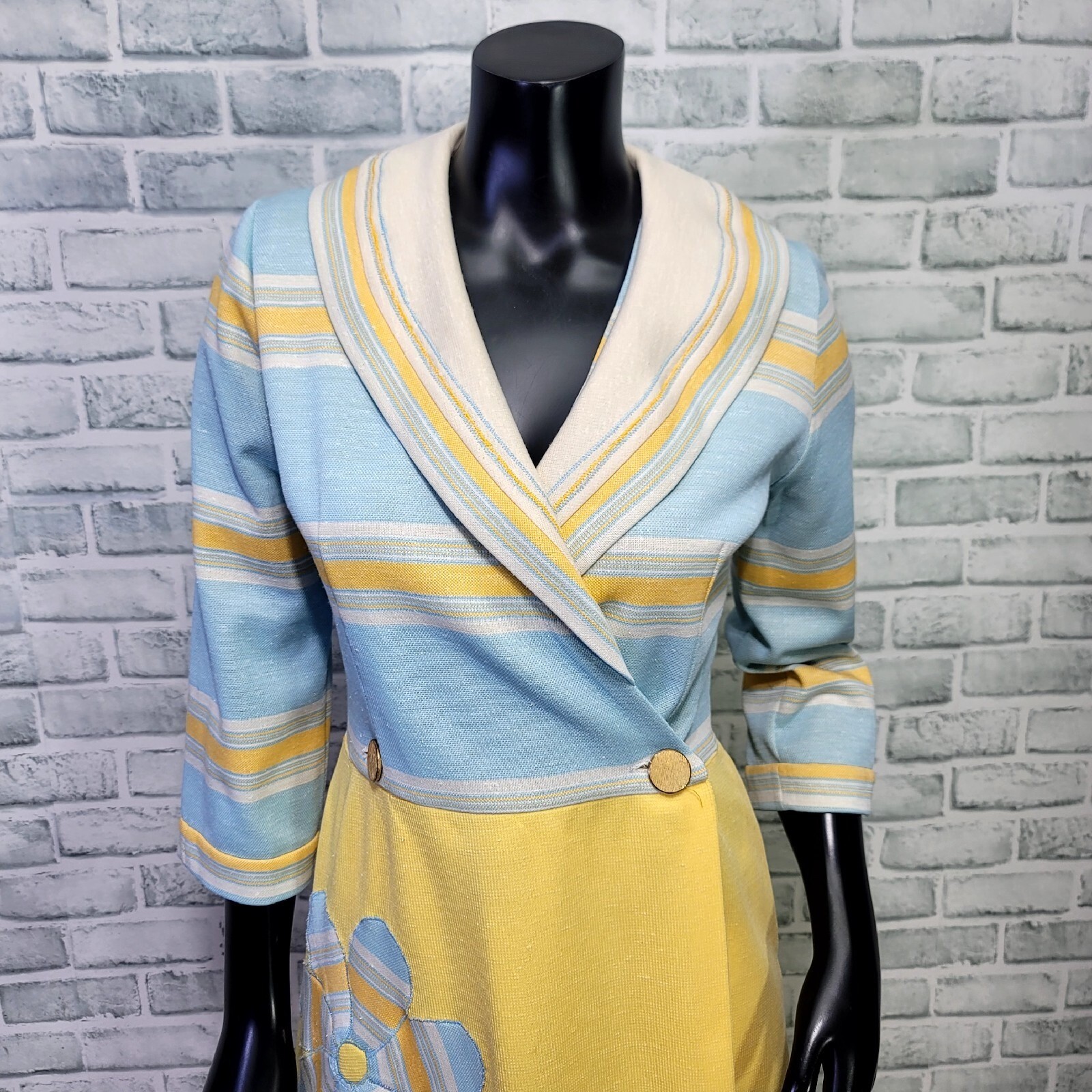 Vintage 60s 70s Maxi Dress Yellow Blue Striped Floral Applique Shawl Collar Mod