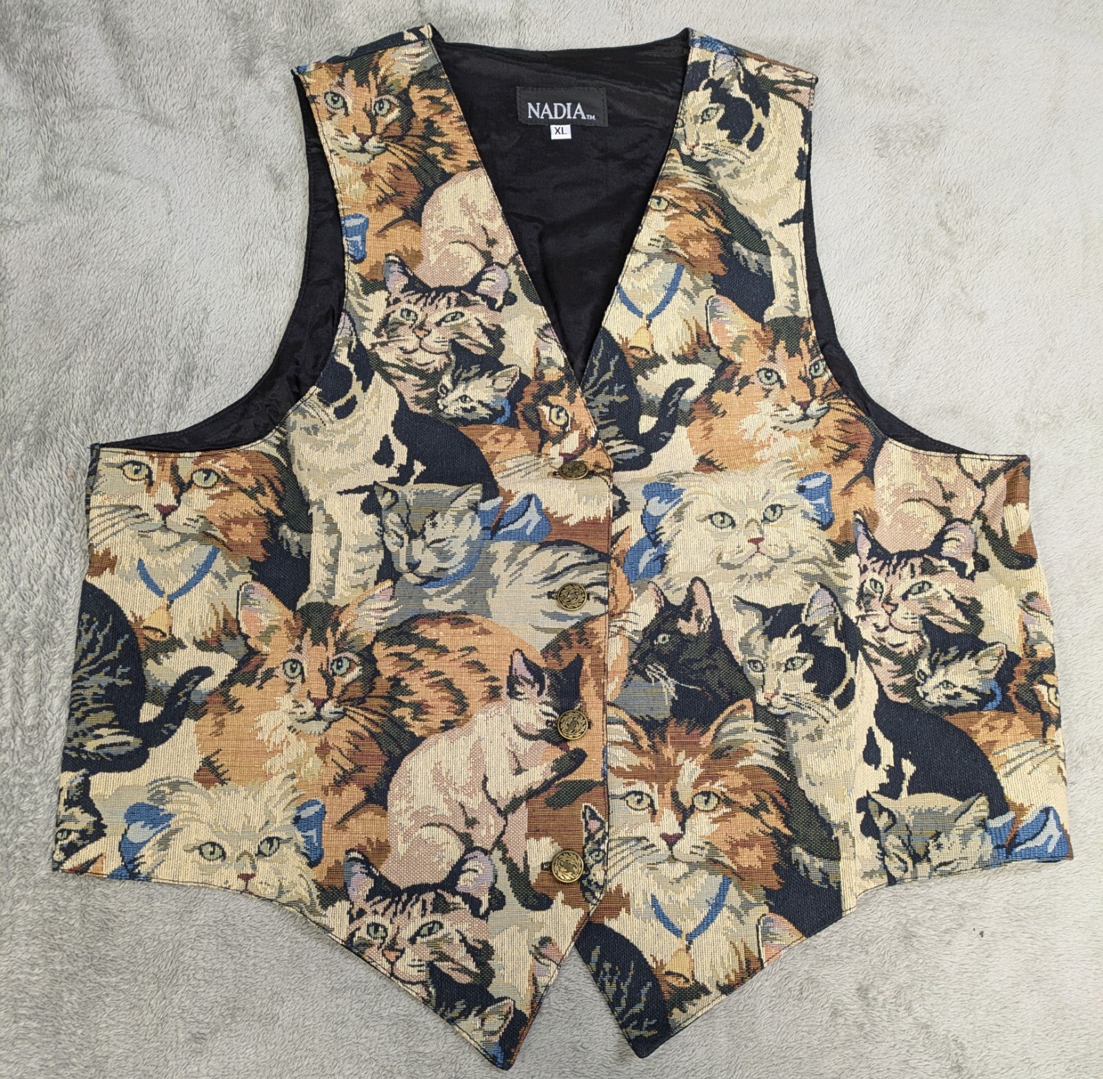 Vintage Nadia Embroidered KITTY CATS Tapestry Women’s XL Grandmacore Vest NEW v2
