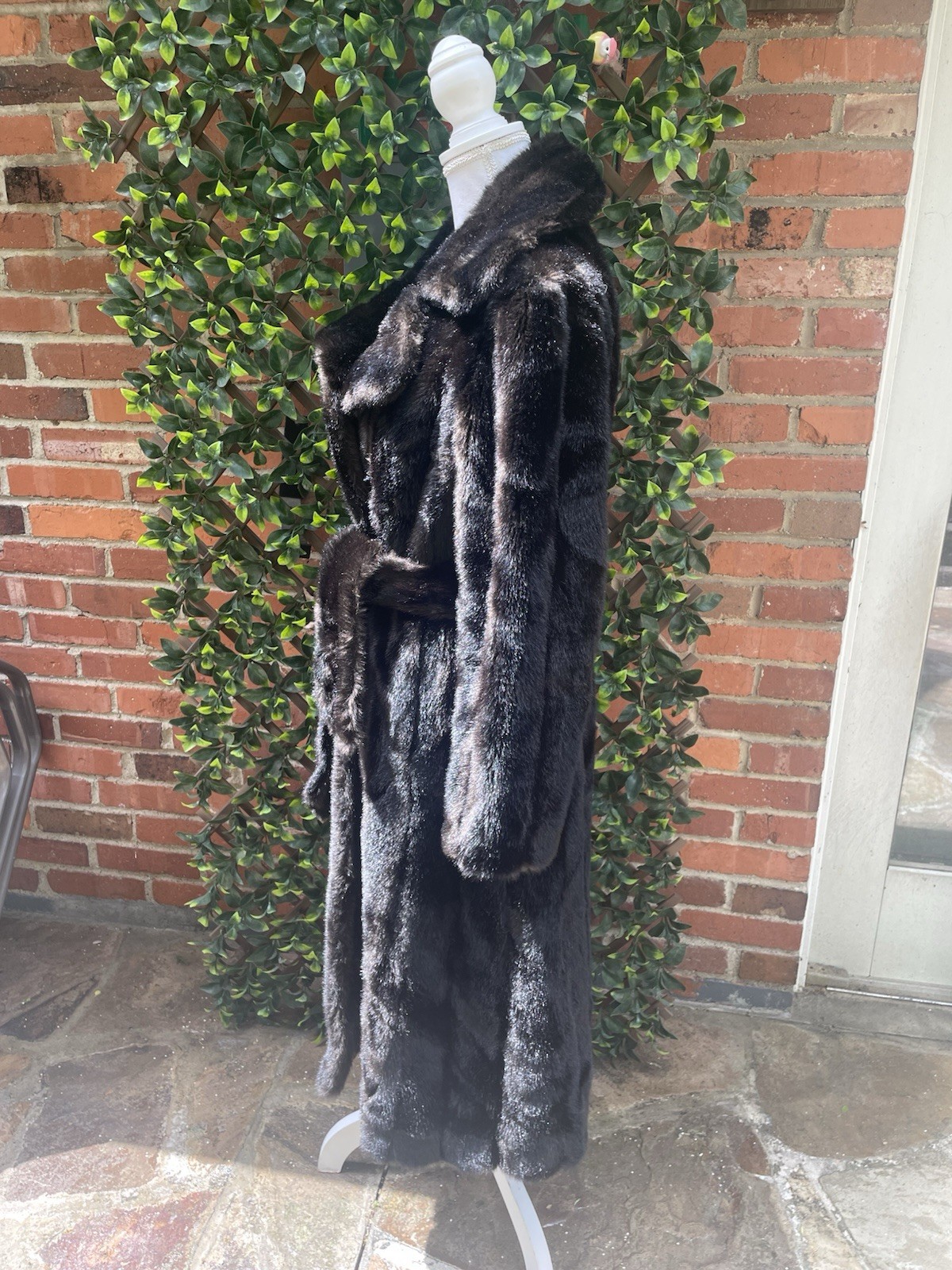 Vintage Mob Wife Faux Fur Coat Y2K Saks France Brown Sash Belt Sz Small S