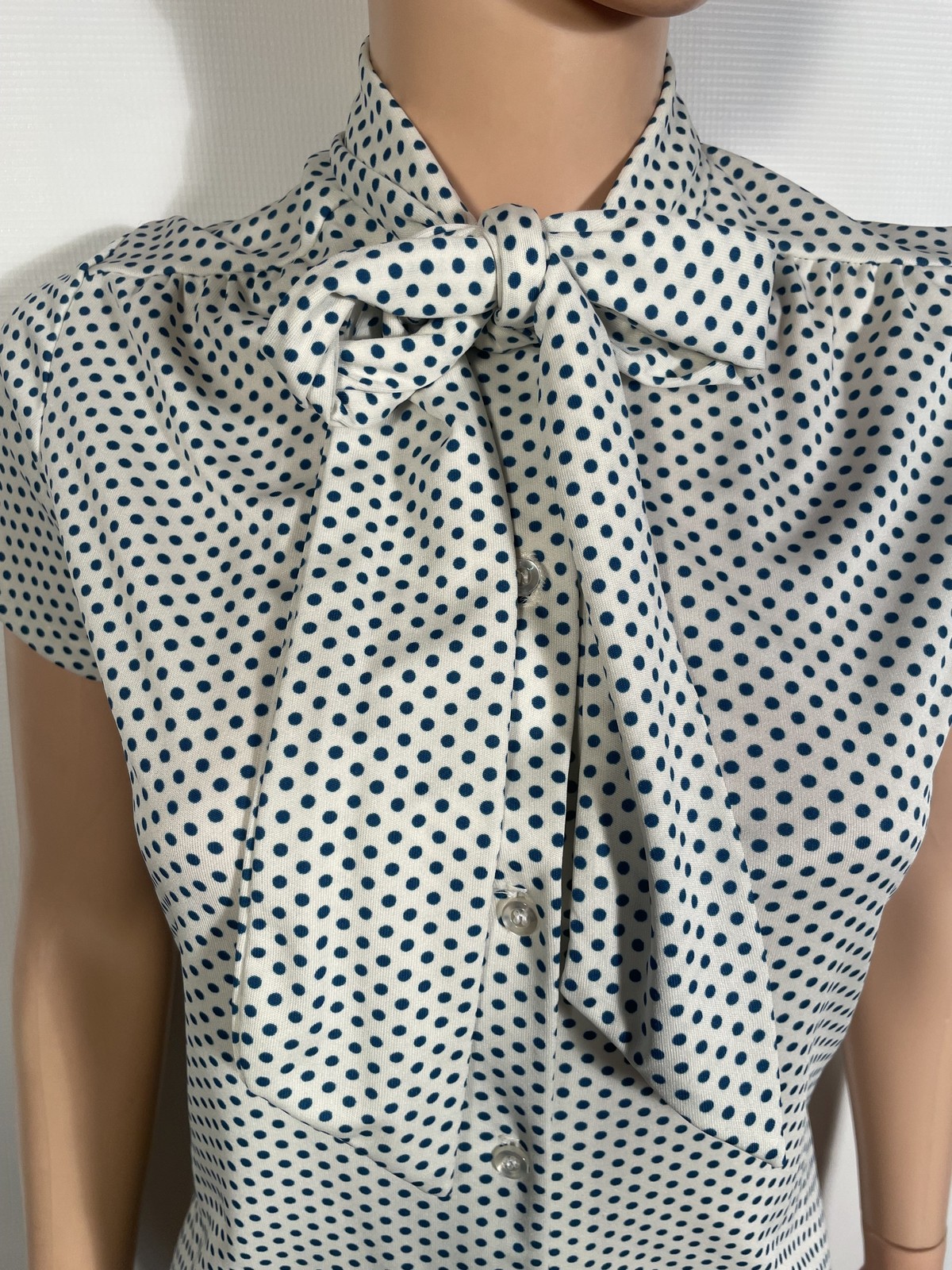 Vintage 1970’s Blue Polka Dot Blouse With Collar Tie Size S