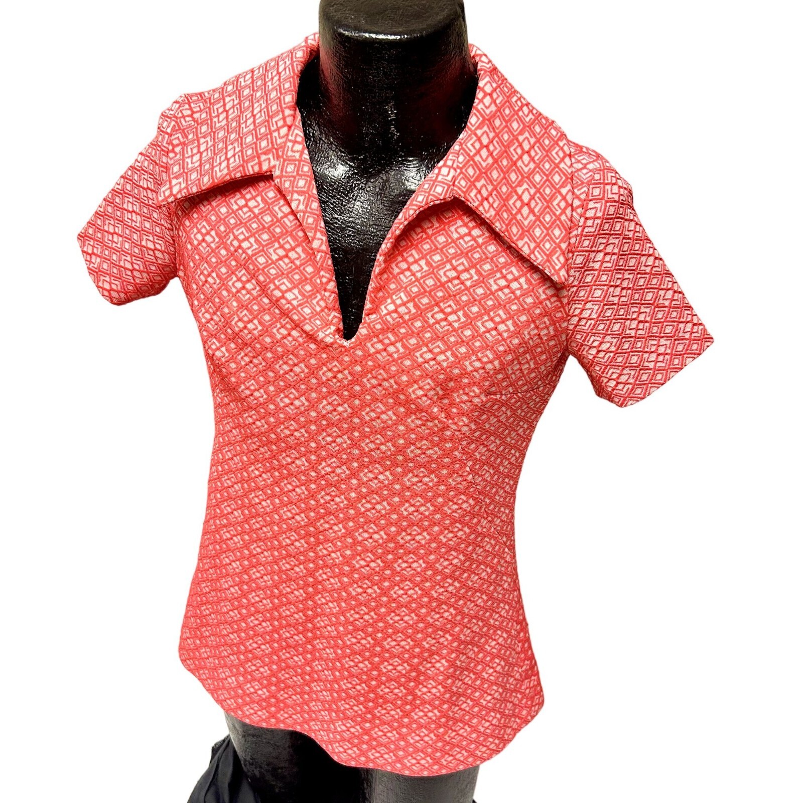 Vtg 60 70’s KNIT MoD PINK White GEOMETRIC Go Go Hippie MINI Dress Disco Shirt M