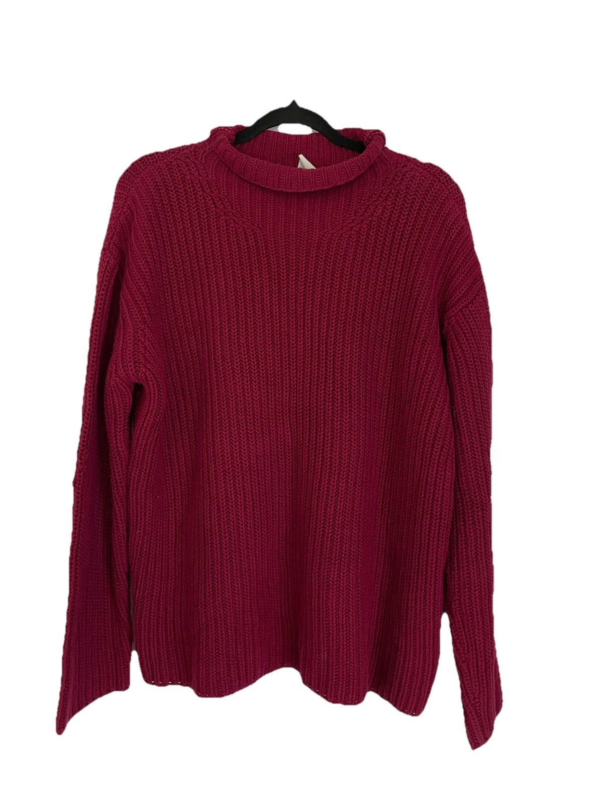 Vtg 90s Clifford Wills Shaker Knit Cotton Sweater Oversized Mock Neck Magenta XS