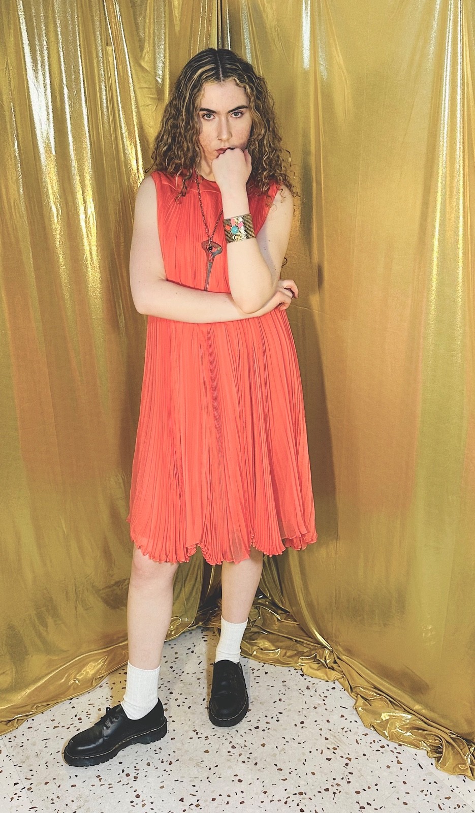 Vtg 1960s 60s TEAL TRAINA Silk PLEATED Chiffon Trapeze Dress CORAL Orange Mod M