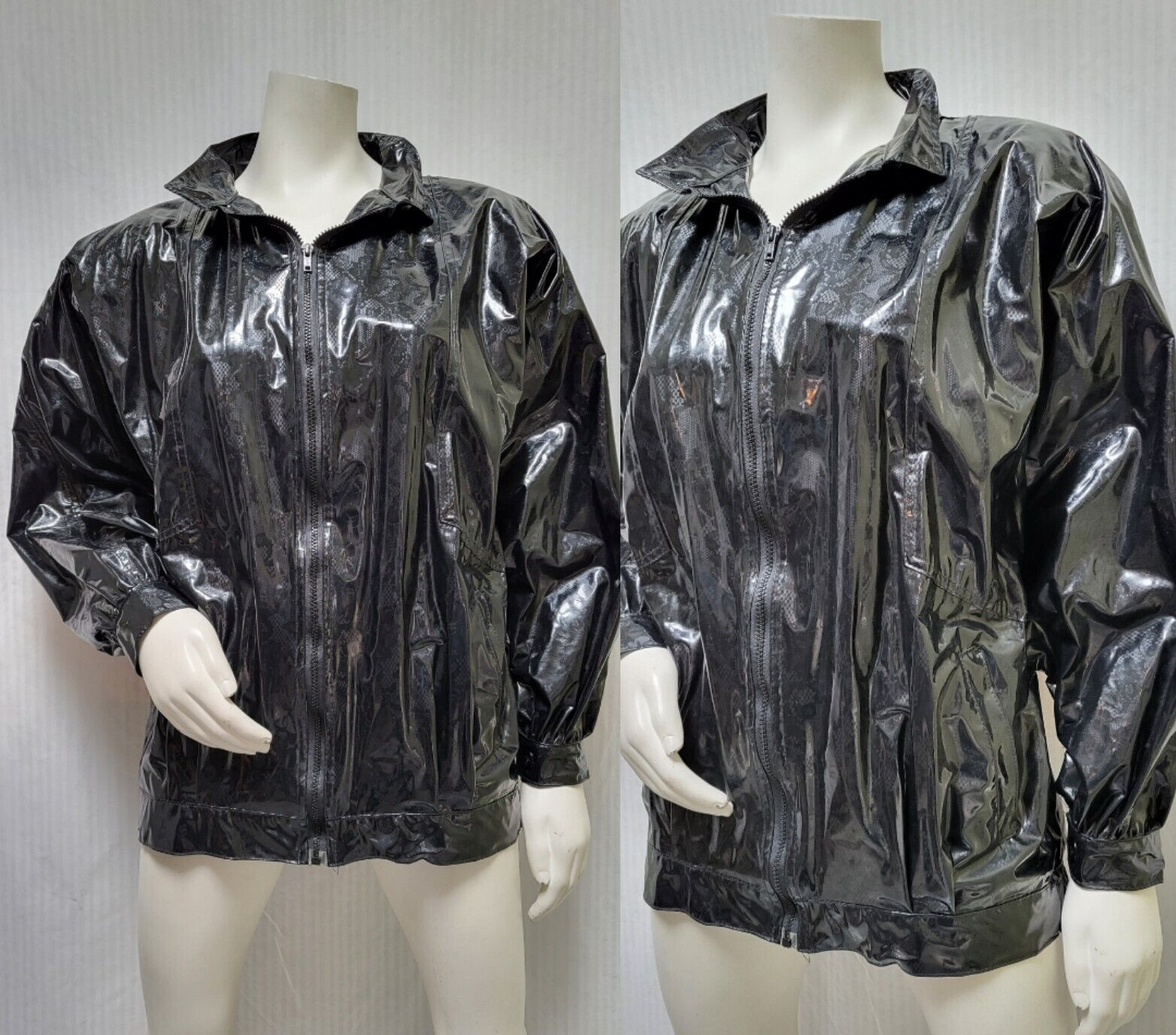 Vintage 1980s Kenn Sporn Wippette Black Shiny Vinyl Lace Print Raincoat Jacket