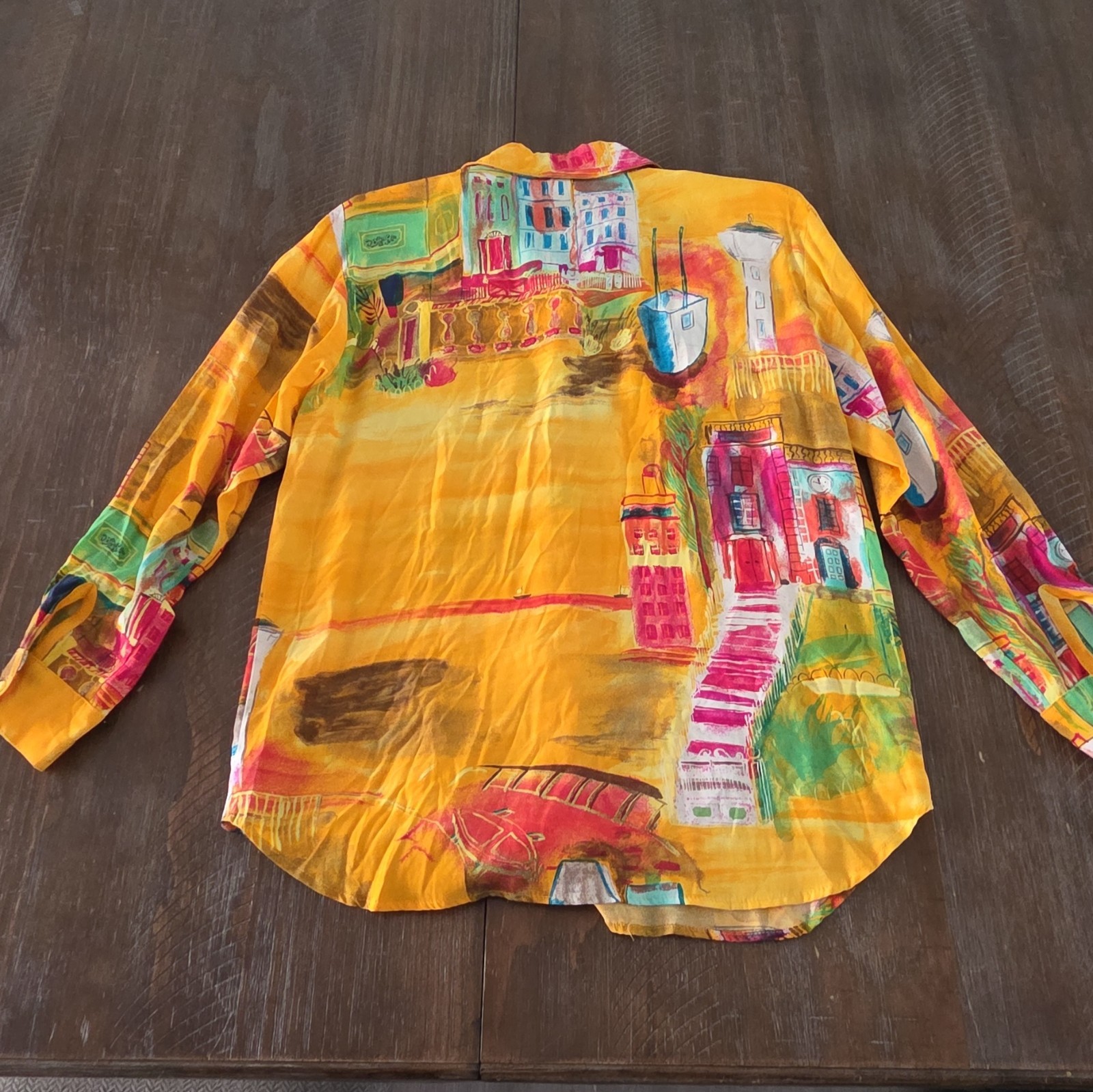 Vtg 1980s Saint Germain Rayon Blouse Top Yellow Abstract Buildings Print Size SM