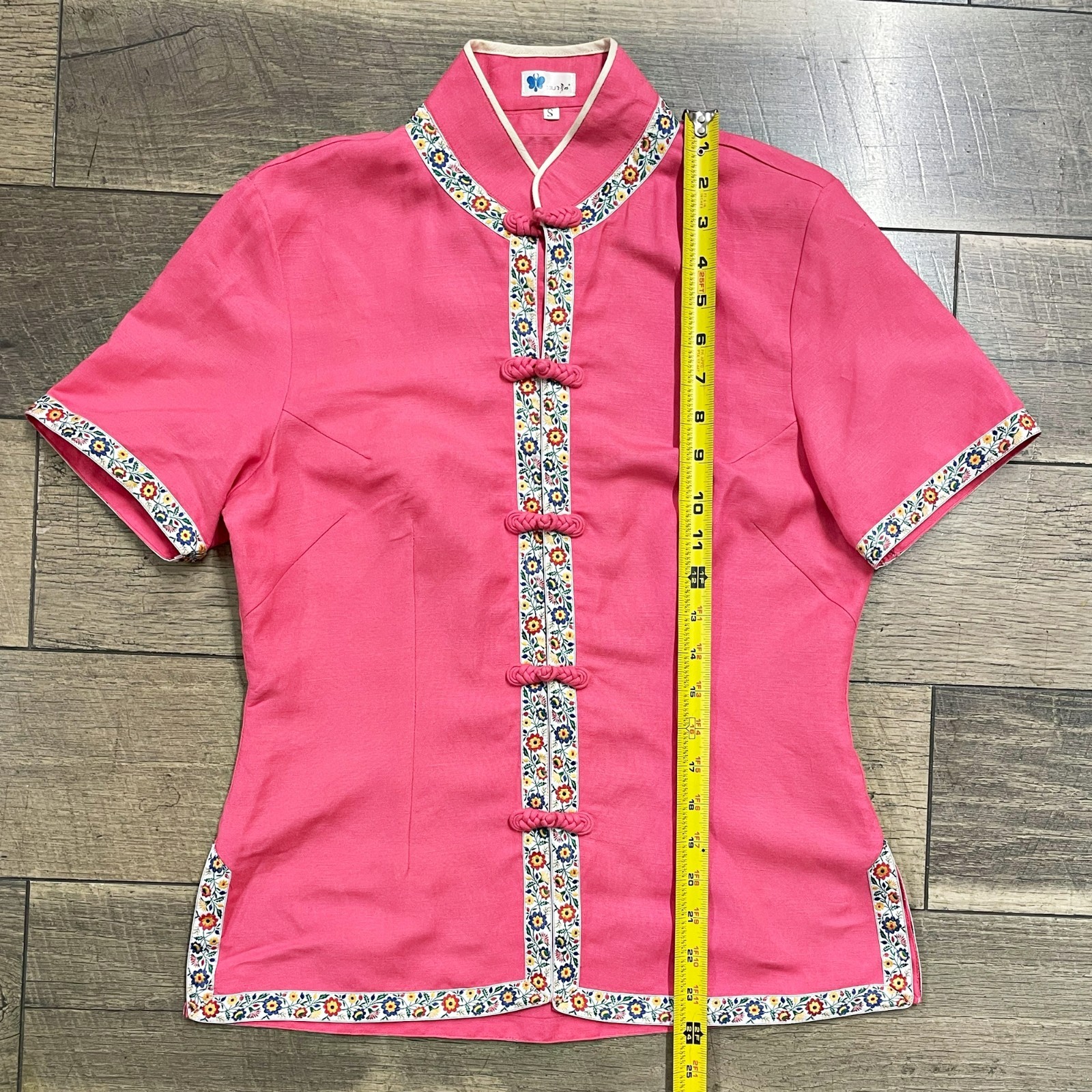 Vintage 90s Chinese Blouse Pink Floral Trim Frog Buttons Size Small