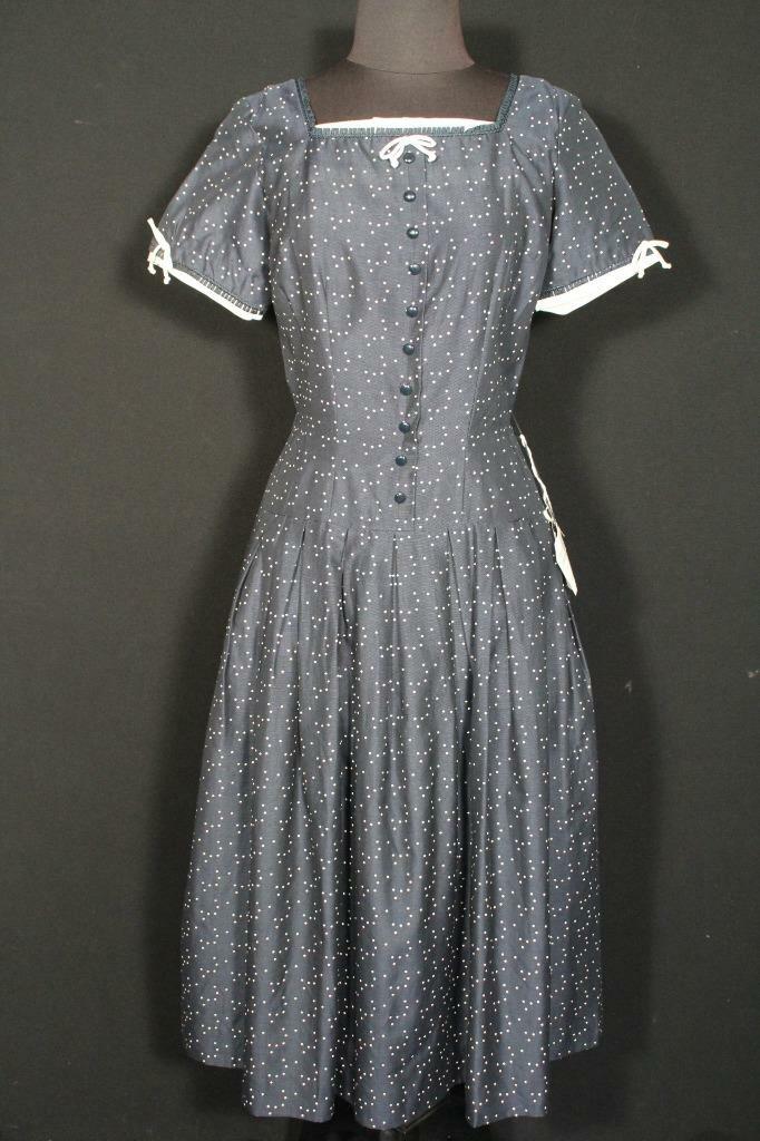 VINTAGE 1950’S DEADSTOCK BLUE & WHITE SILK & COTTON POLKA DOT DRESS SIZE 6+