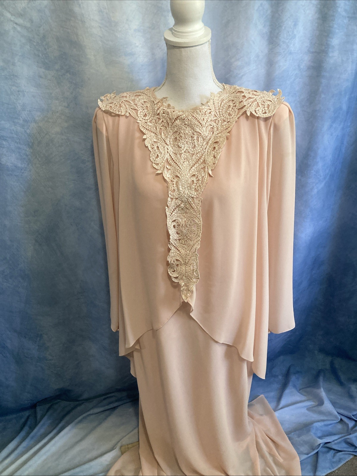 Vtg 80s Ursula of Switzerland Dress Gown 18 Peach Nude Chiffon Capelet Lace Gala