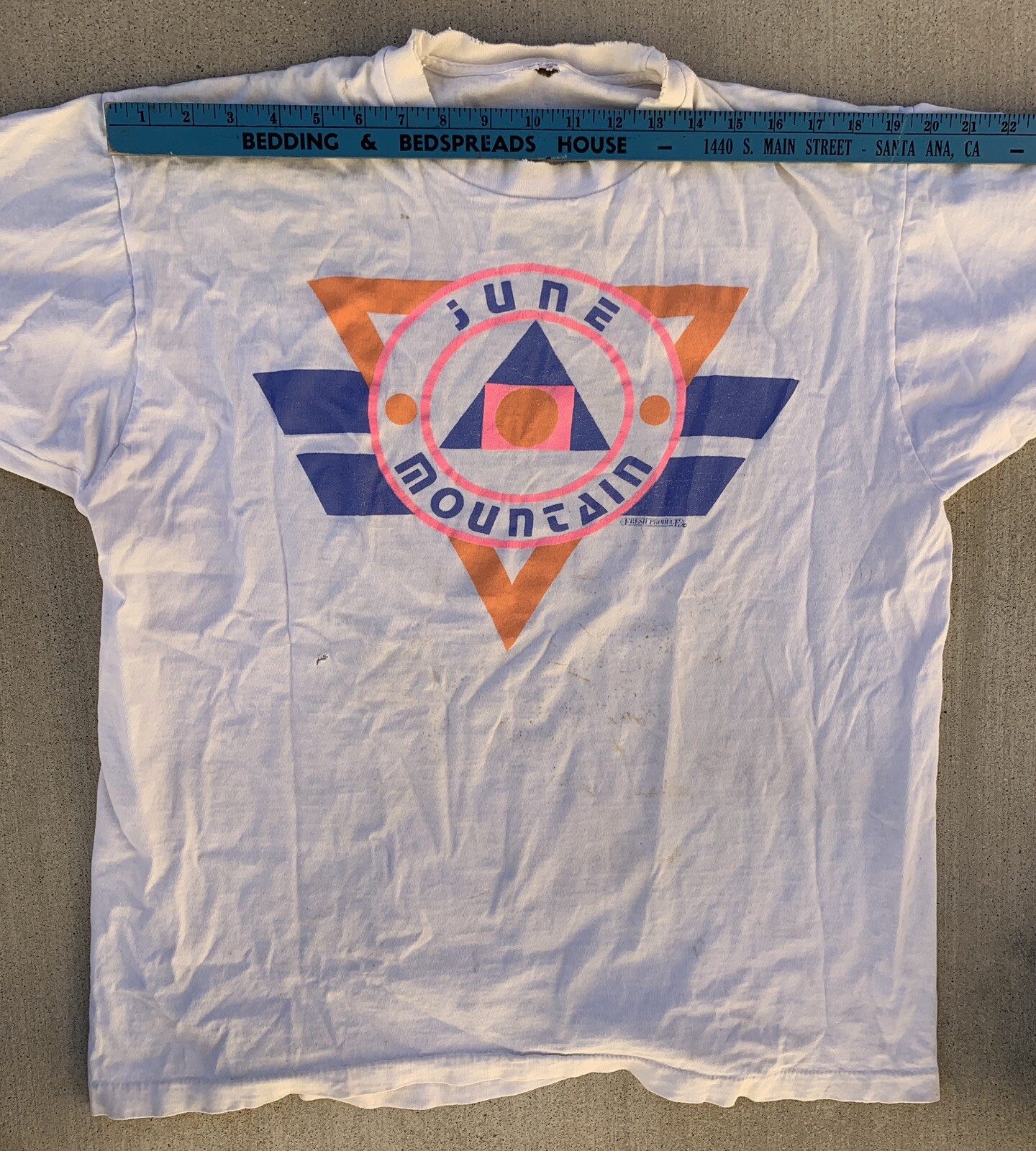 Vintage June Mountain T Shirt 80s Geomeric Neon Graphics Distressed Worn Holes