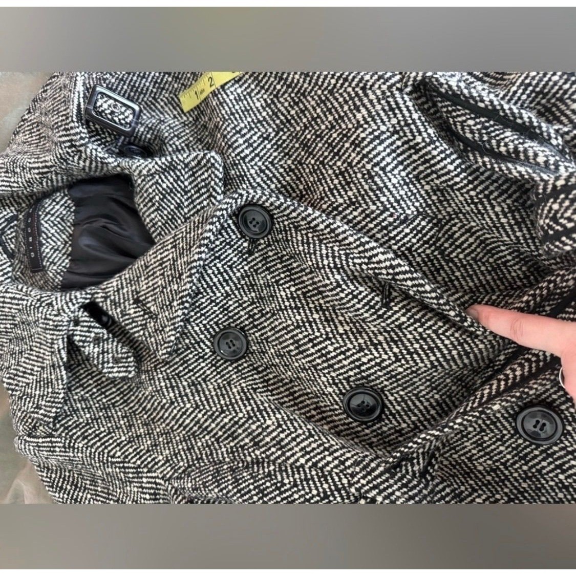 Giacca Tweed Croped Pea Coat LP Black Gray Herringbone Trench Jacket Y2K Preppy