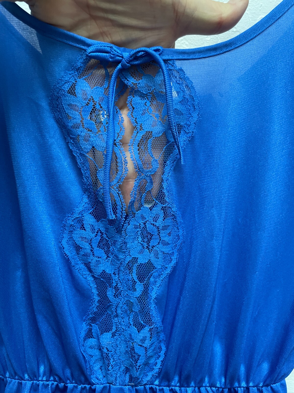 Vintage Petra Fashions Lingerie Nylon Satin M Royal Blue Lace Romper Ruffle