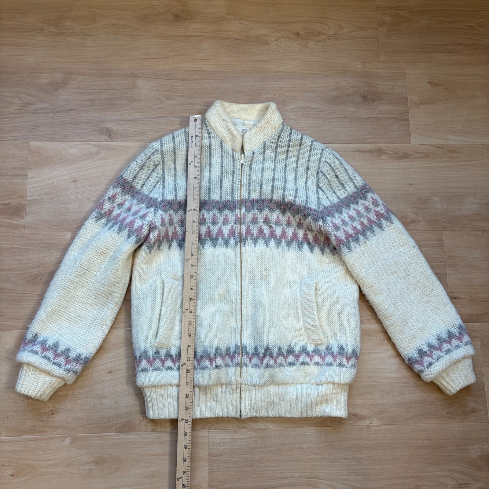 Vintage Icelandic Full Zip Fair Isle Sweater Jacket Size Large Made in Iceland