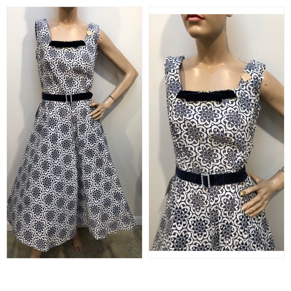 VTG 1940s-50s „SUE SHERRY” Die-Cut EYELET Graphic SUNDRESS *DEADSTOCK w/TAGS XXS