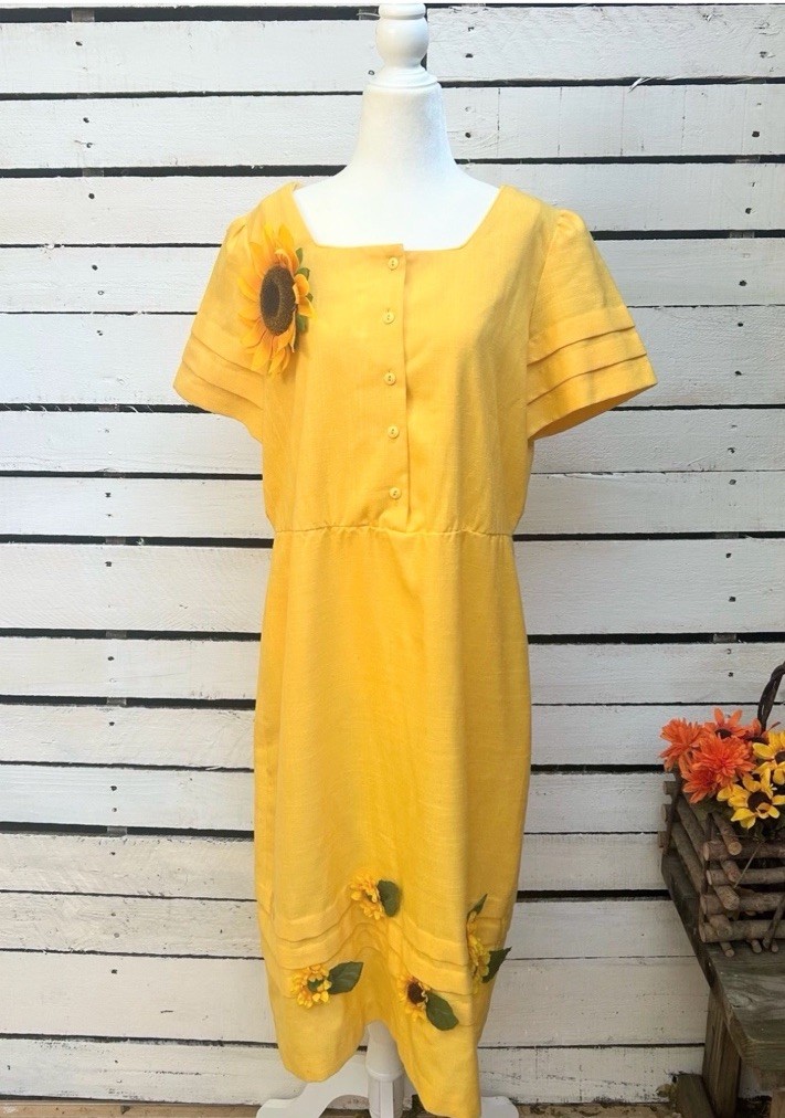 Vtg 1960s Dress Murray Meisner Sunflowers Yellow Shift Dress Woven Cotton 39w