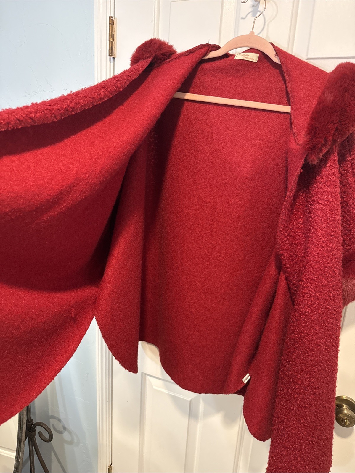 Cranberry Red Bouclé Cardigan Luxury Faux Fur Bouclé Cape Cotton Wool Blend OS