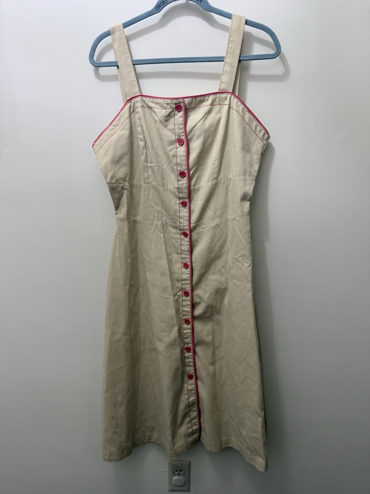 Vintage 70s Family Fashions Avon Tan Khaki Jumper Dress Red Pin Up A Line M L