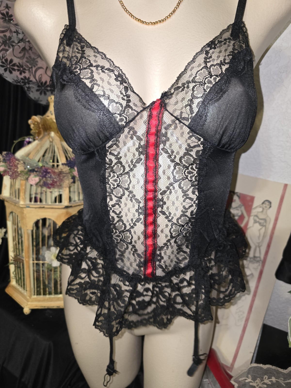 Vintage Nan Flower Teddy Camisole Lingerie Black Garters Pinup Size M USA