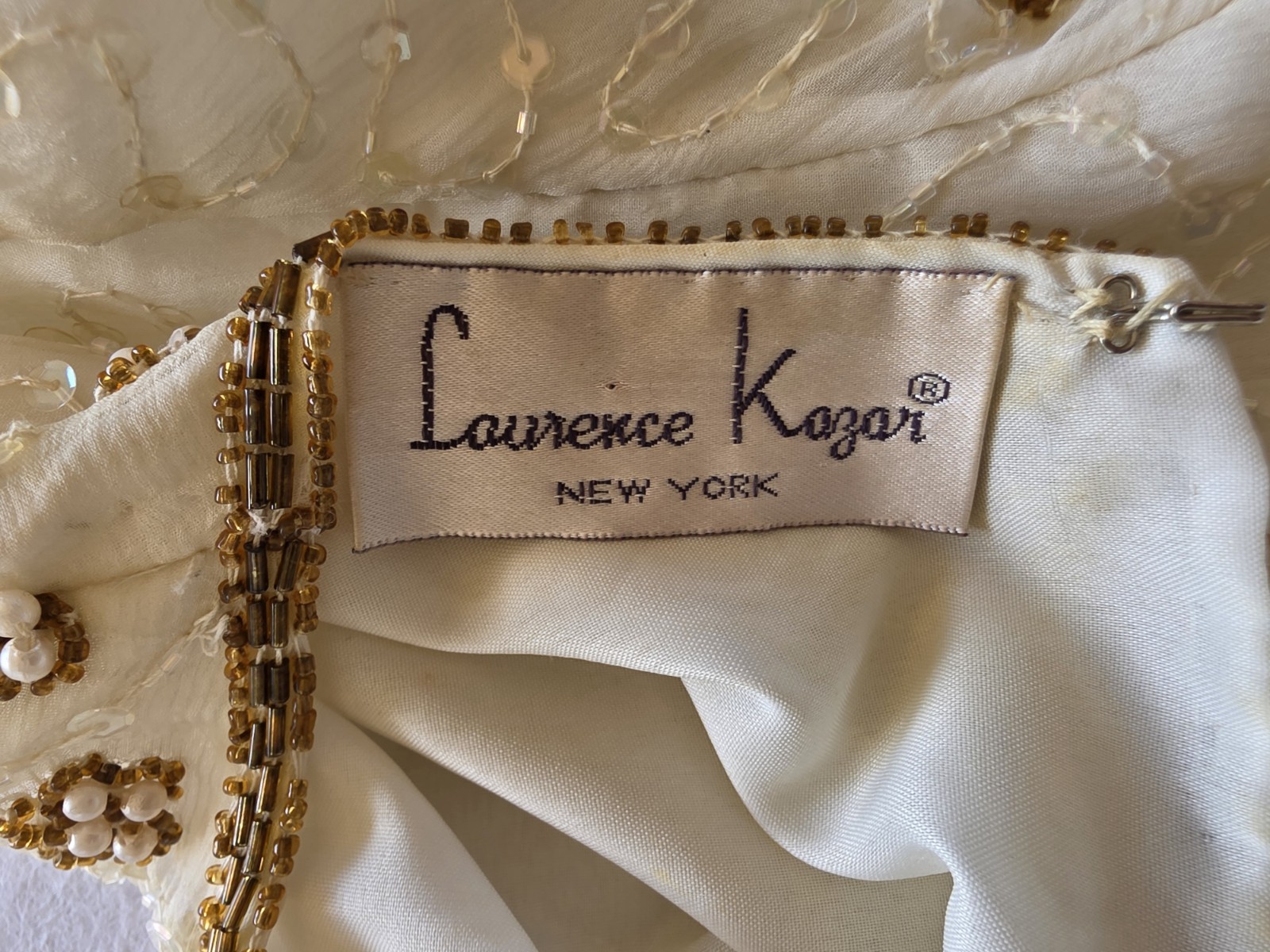 Laurence Kazar Cream and Gold Vintage Beaded Silk Blouse Size Medium