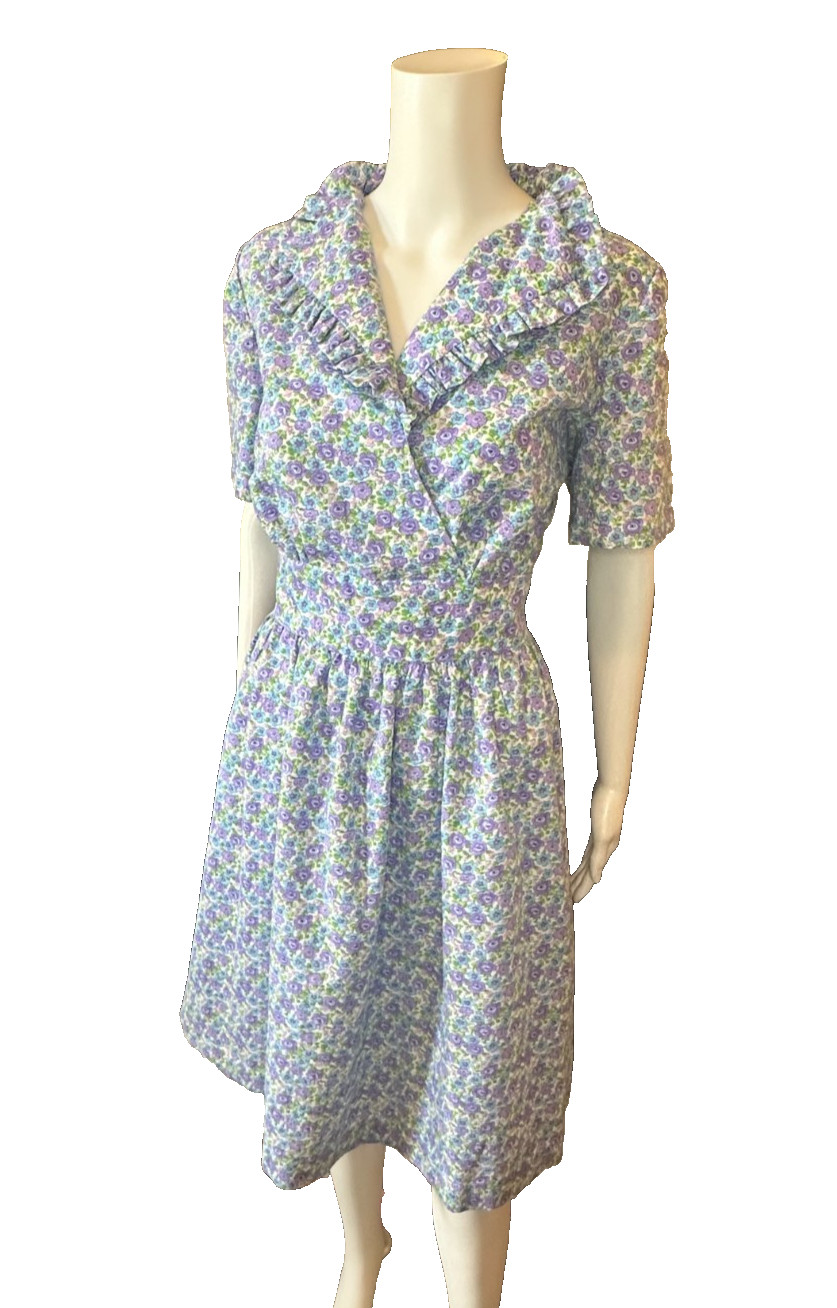 Vtg Lg 1950s Full Skirt Day Dress tea collared Handmade Floral a-line MCM Party