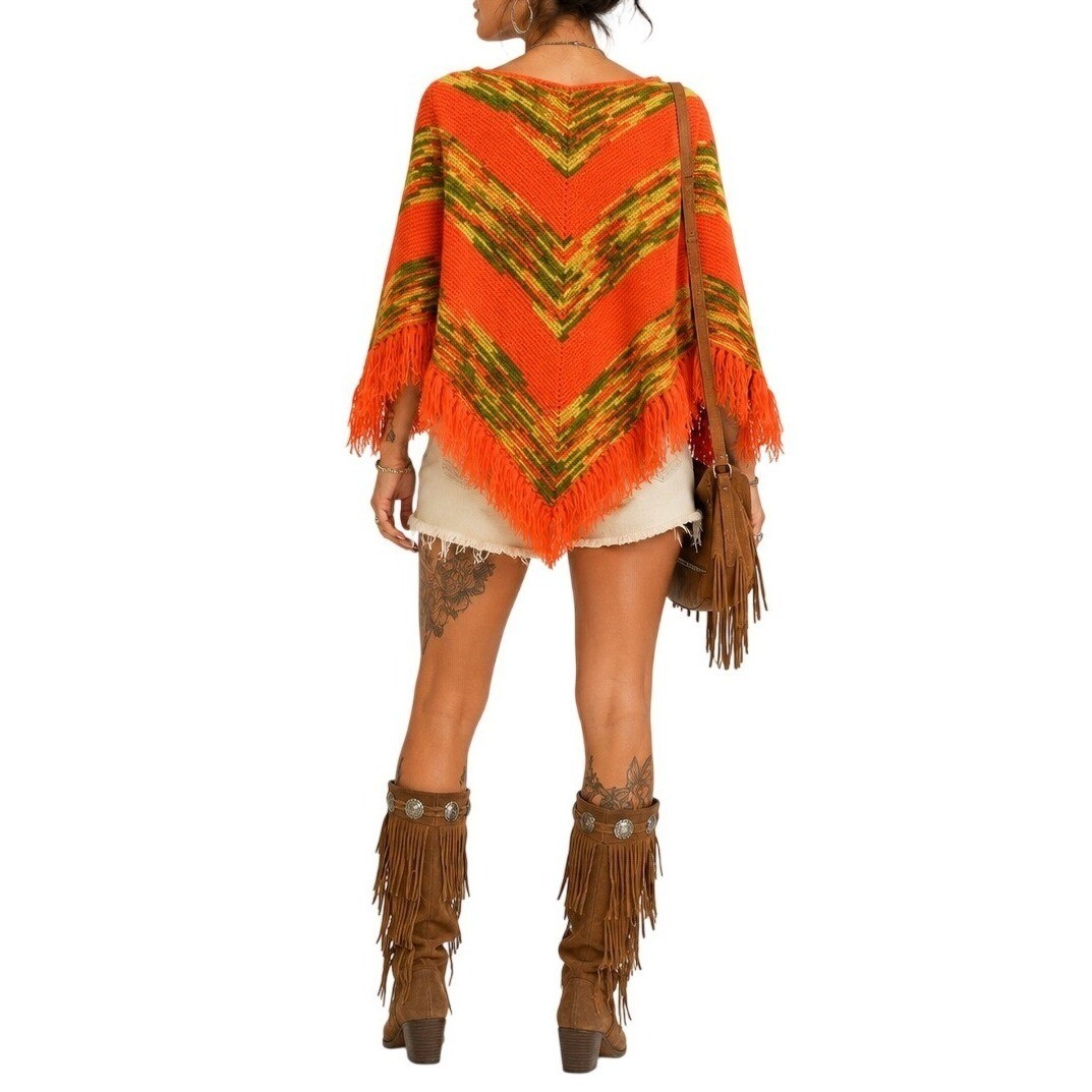 70s Vintage Fringed Poncho Orange Sweater Cape Womens XS Boho Hippie Chevron Mod