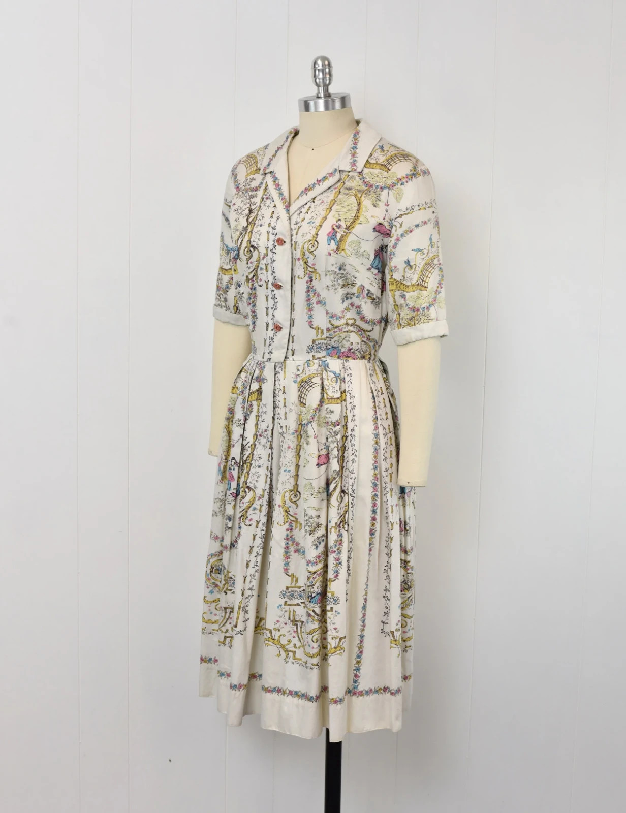 Vintage 1950s Rococo French Provincial Novelty Print Cotton Shirt Dress
