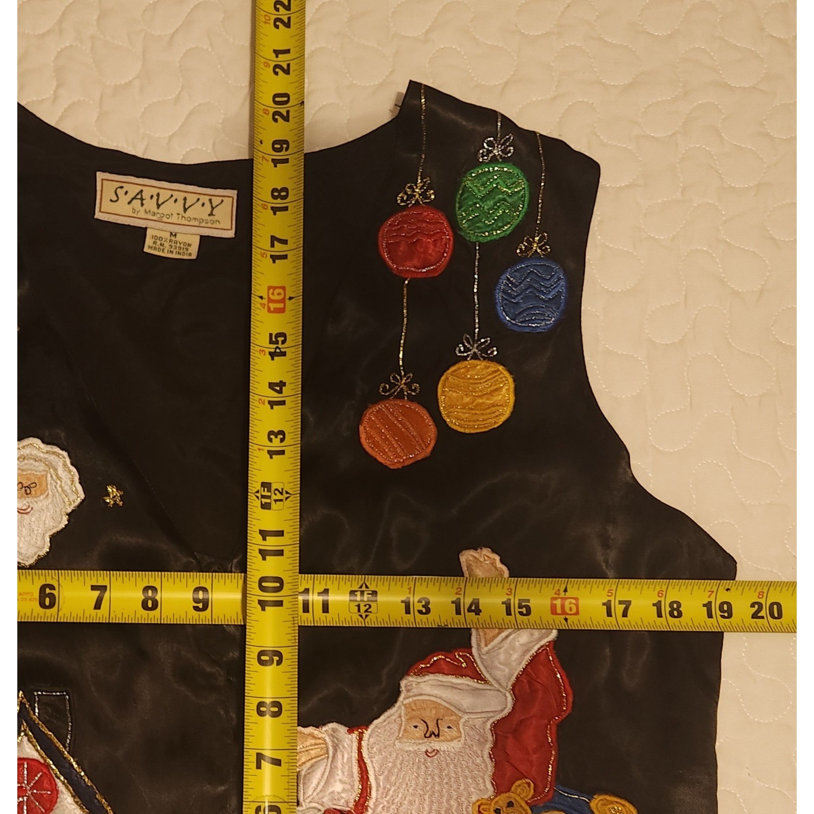 Vintage SATIN Christmas vest Ornaments Santa Black Red Applique medium chest 38
