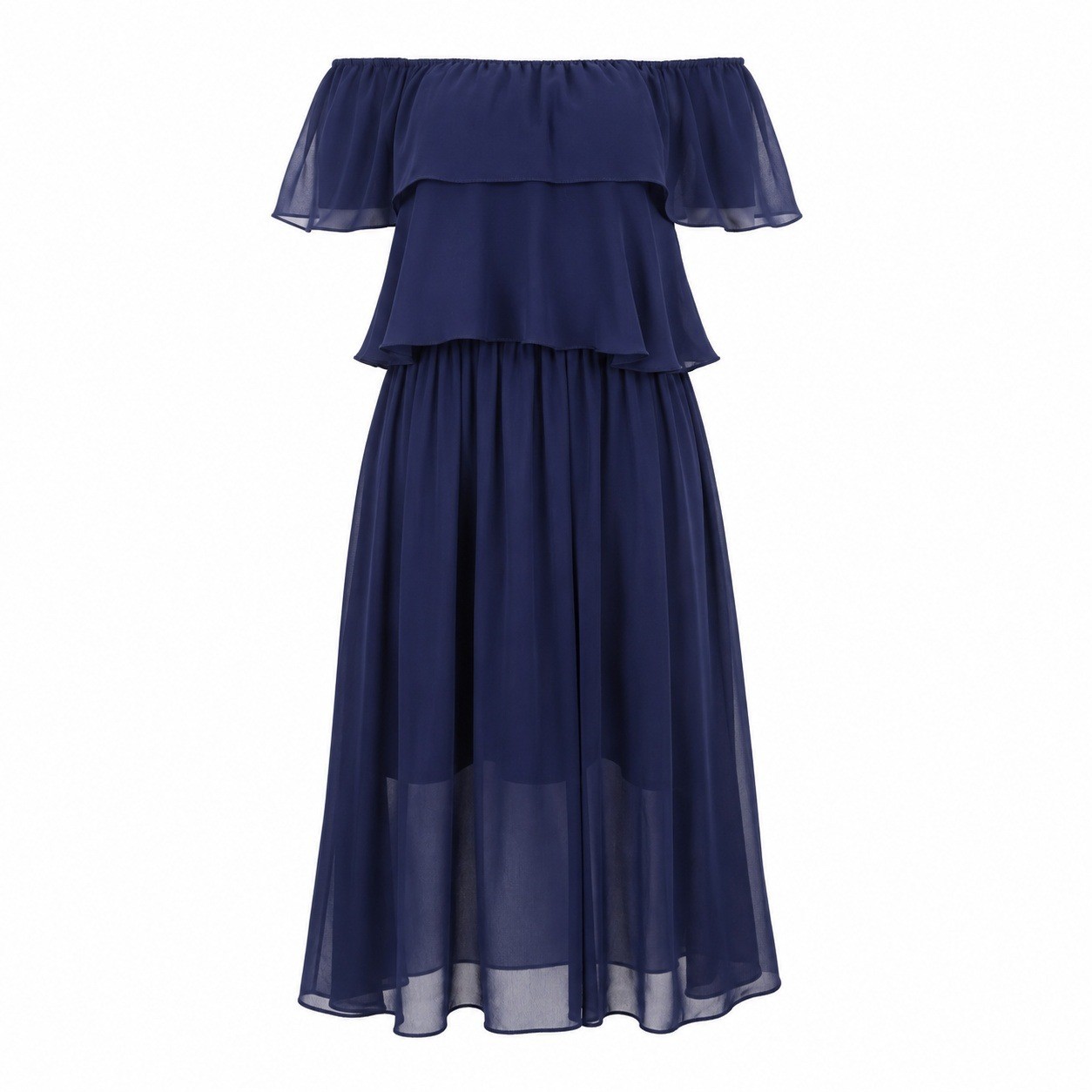 Vintage 1970s Suzanne’s Navy Blue Chiffon Off Shoulder Ruffle Midi Dress Disco