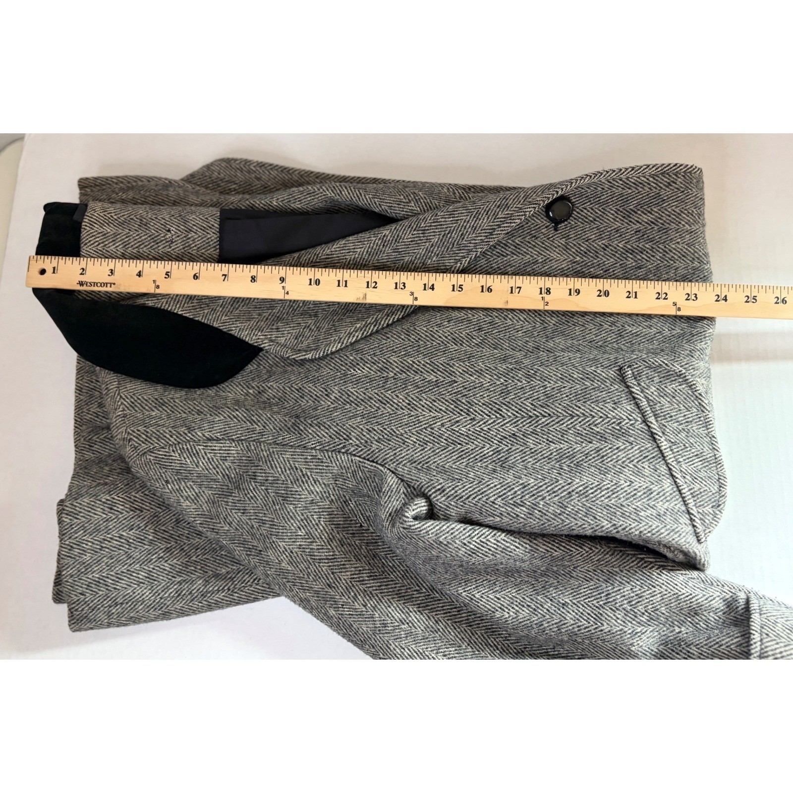 Vintage Made in USA Herringbone Coat Velvet Collar Gray Longline Overcoat