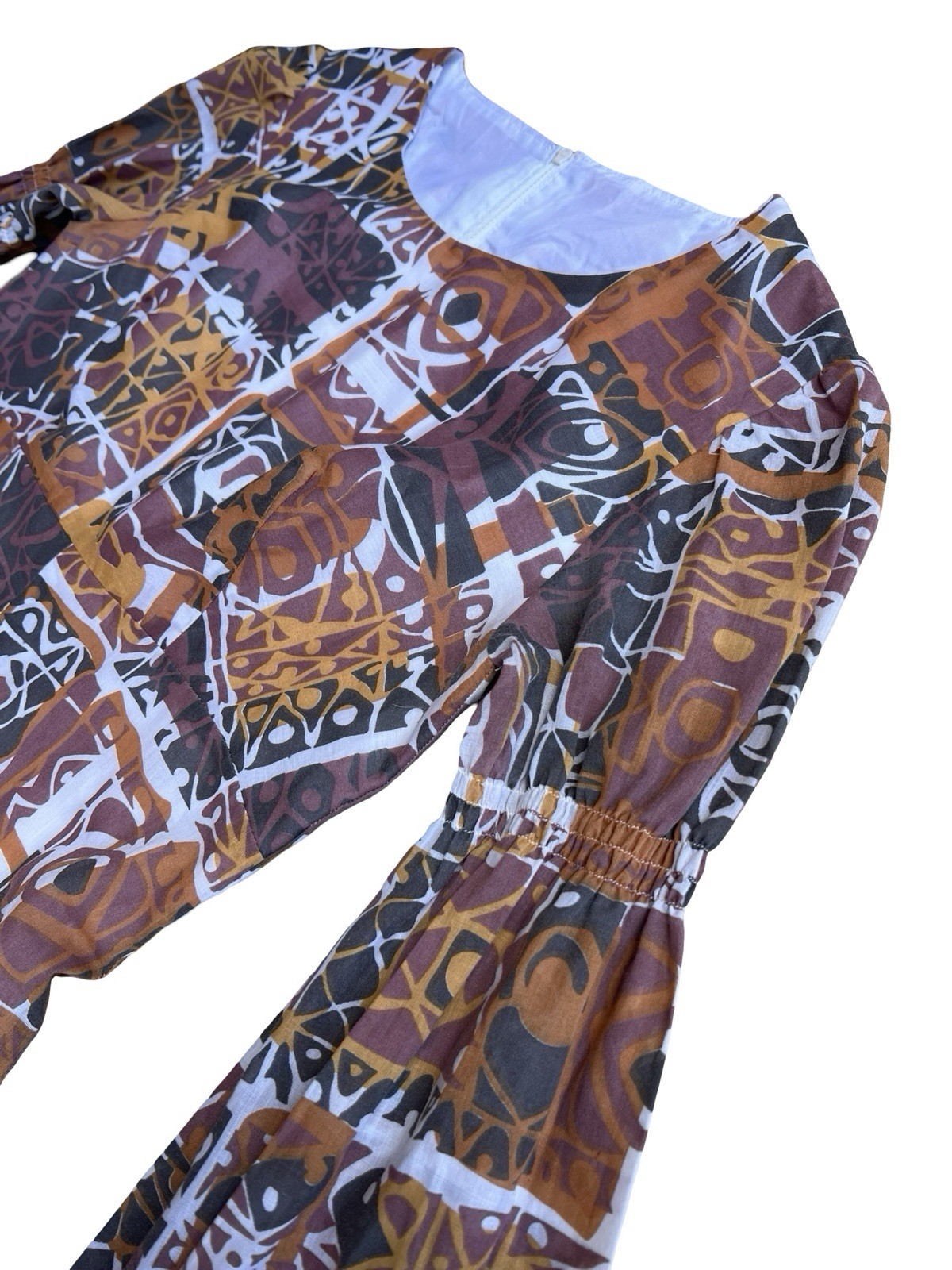VTG 60-70s Handmade Mod Abstract Tiki Print Empire-Waist Maxi Dress Lined Retro