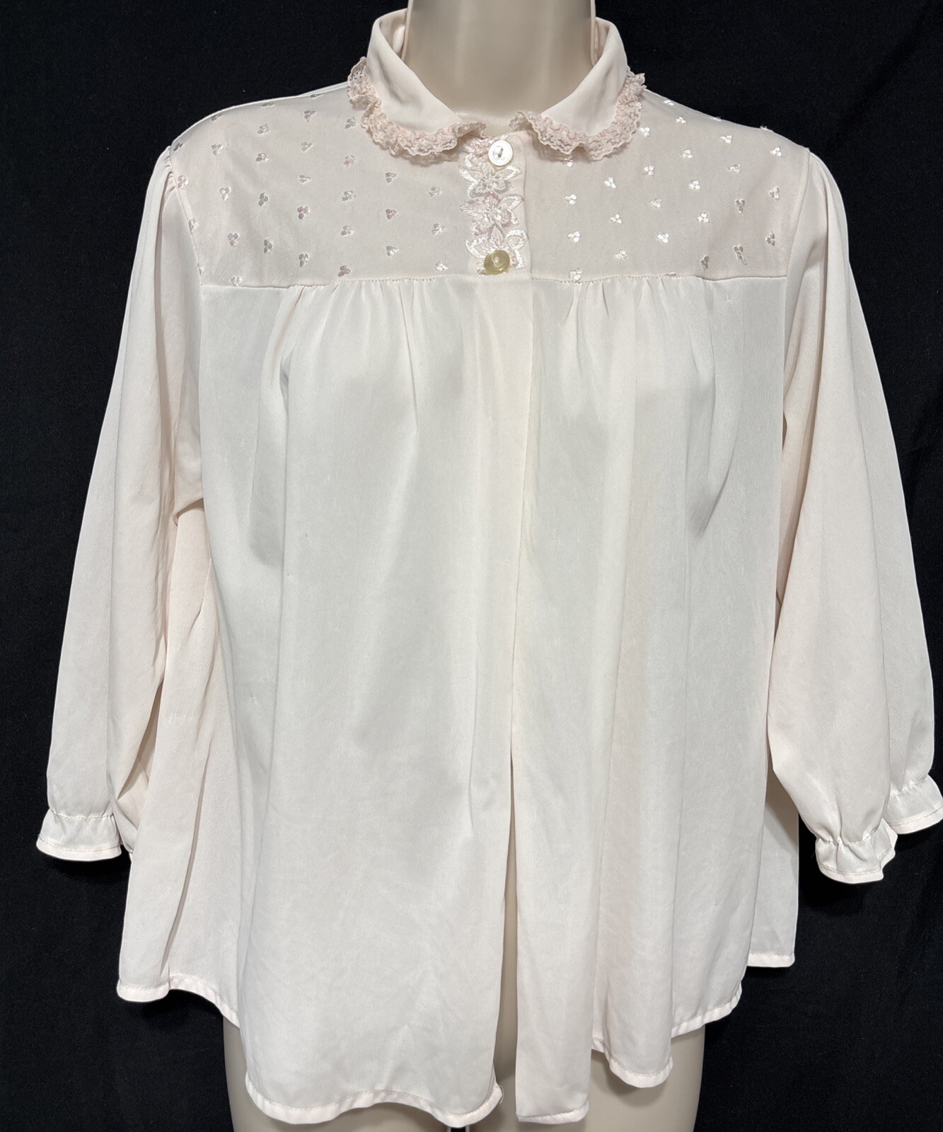 VTG 50’s PHILMAID DAINTY LACY PINK NYLON BED JACKET Tag 36/38 Bust 44″ Sz LARGE