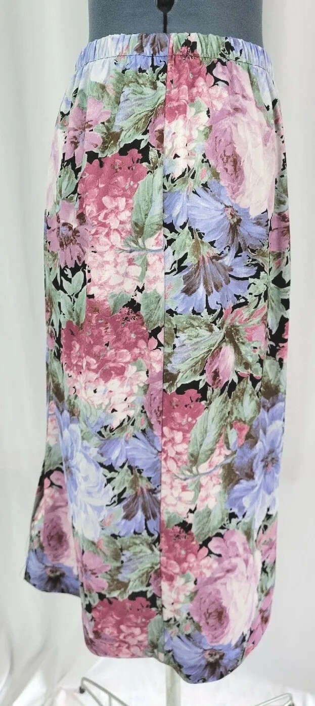 Vintage Pink/Purple/Green/Black Floral Elastic Waist Skirt Size 14