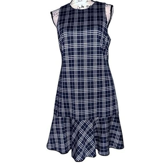 1901 Navy Blue White Plaid Sleeveless Flounce Hem Shift Dress Size 8