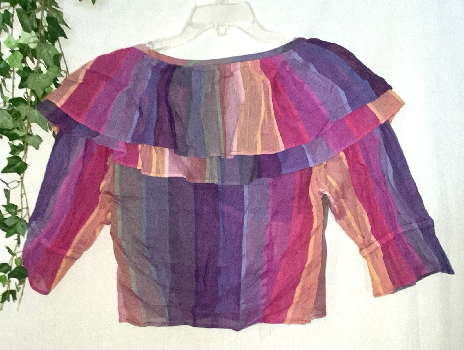 New! VTG Passports Colorful Stripe Ruffled India Cotton Top Peasant Boho L