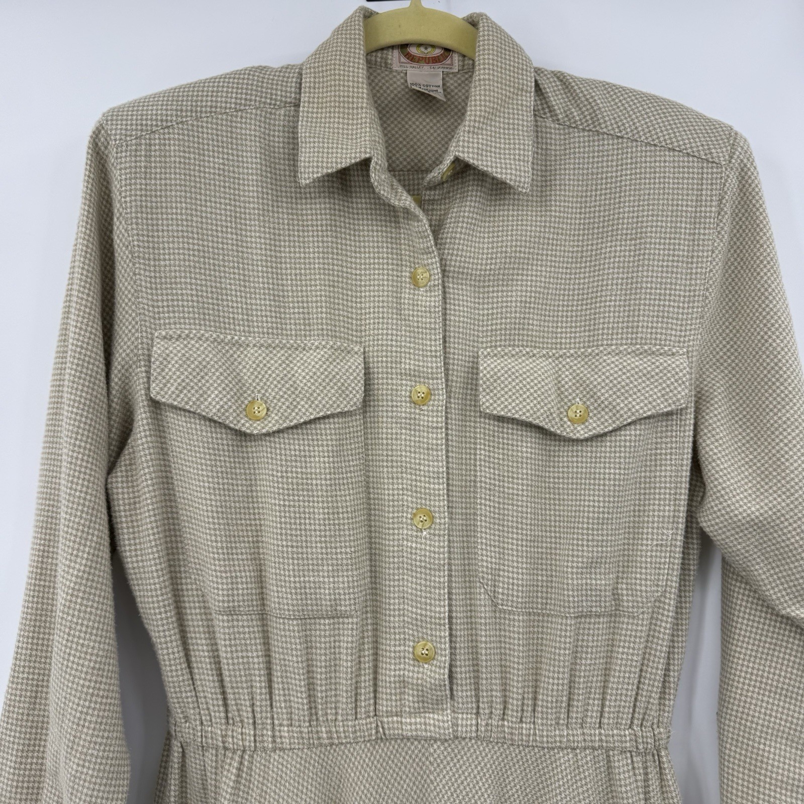 Vintage Banana Republic Safari Midi Dress Sz S Khaki Houndstooth Modest 1987