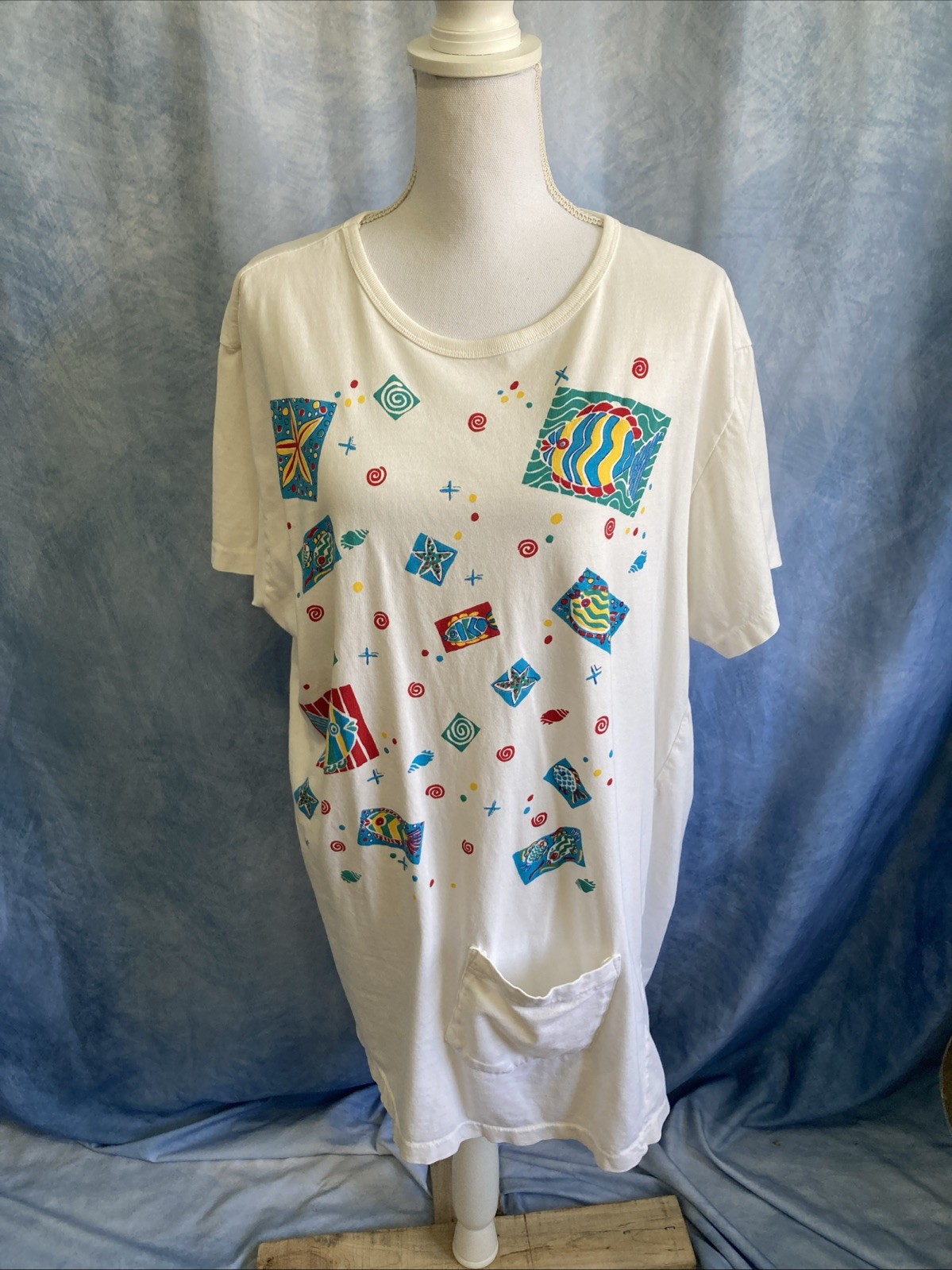 VTG 90s Oasis Tropical Fish Swirl Graphic T-Shirt Dress OS Women’s White Retro