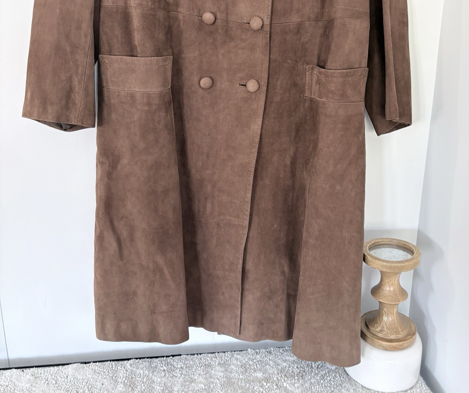 Vintage HERRERO Y RODERO Suede Leather Long Coat Button Sz L 60s 70s Barcelona