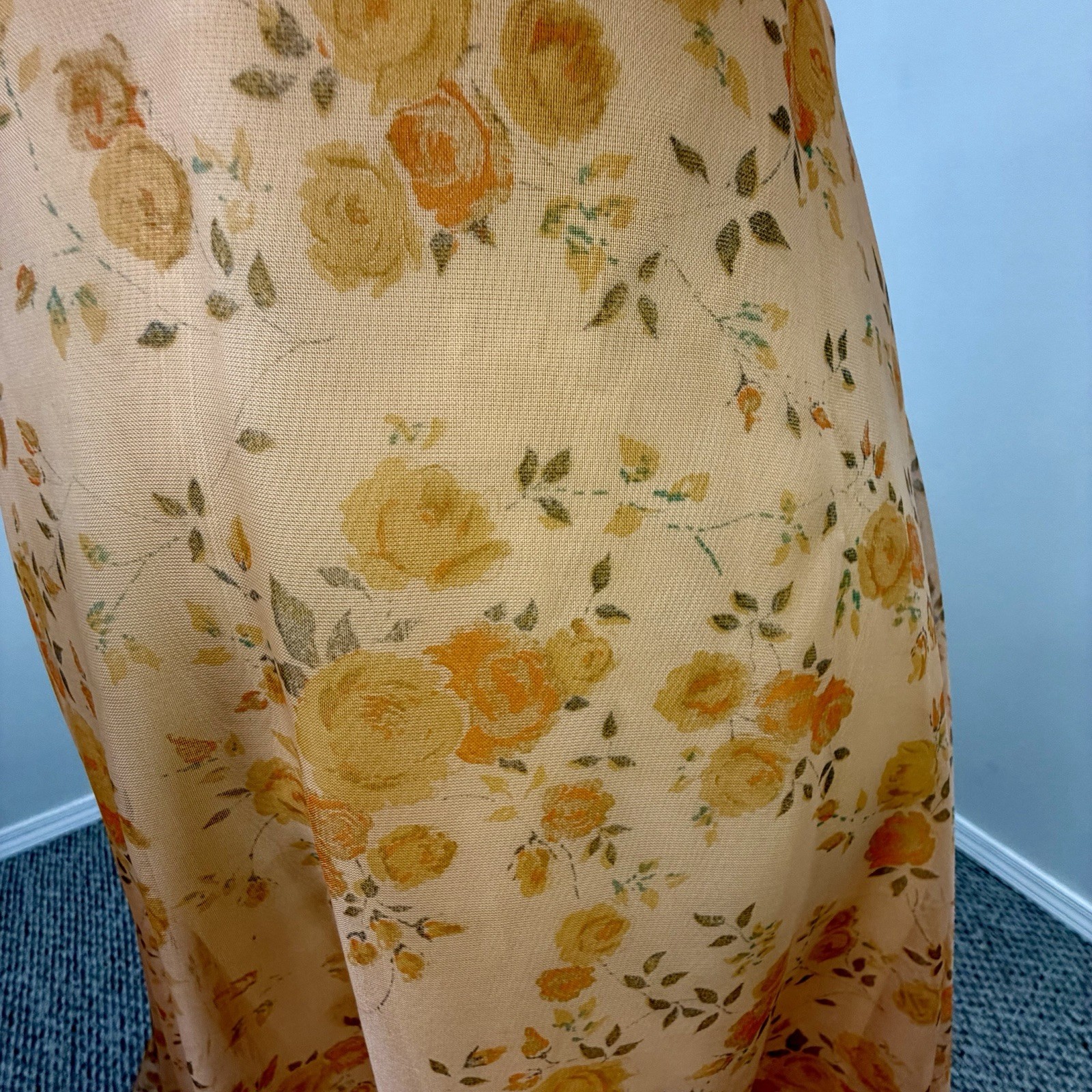 VTG 70s Maxi Dress S Floral Convertible Ruffle Cascade Bustle Train ILGWU USA