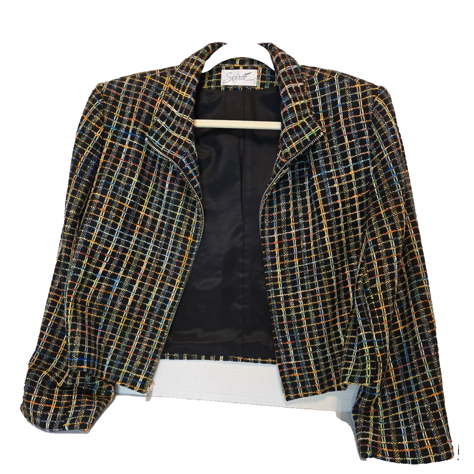 VTG 80s Soiree Handwoven Silk Crop Jacket. Womens L. Vibrant Rainbow Stitching