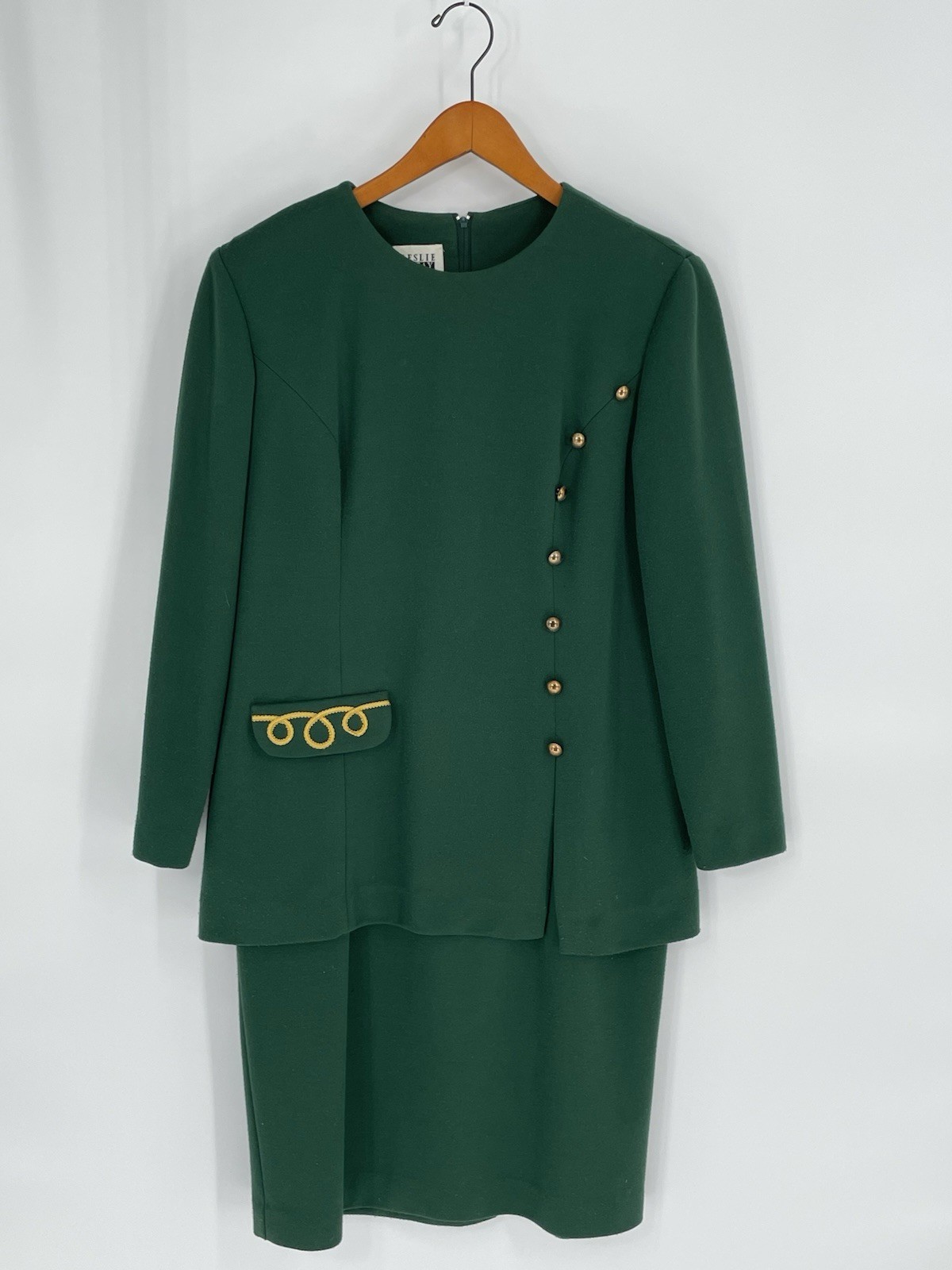 Vtg Leslie Fay Women Size 10P Dress Suit Green Gold Trim Made in USA Jersey Feel