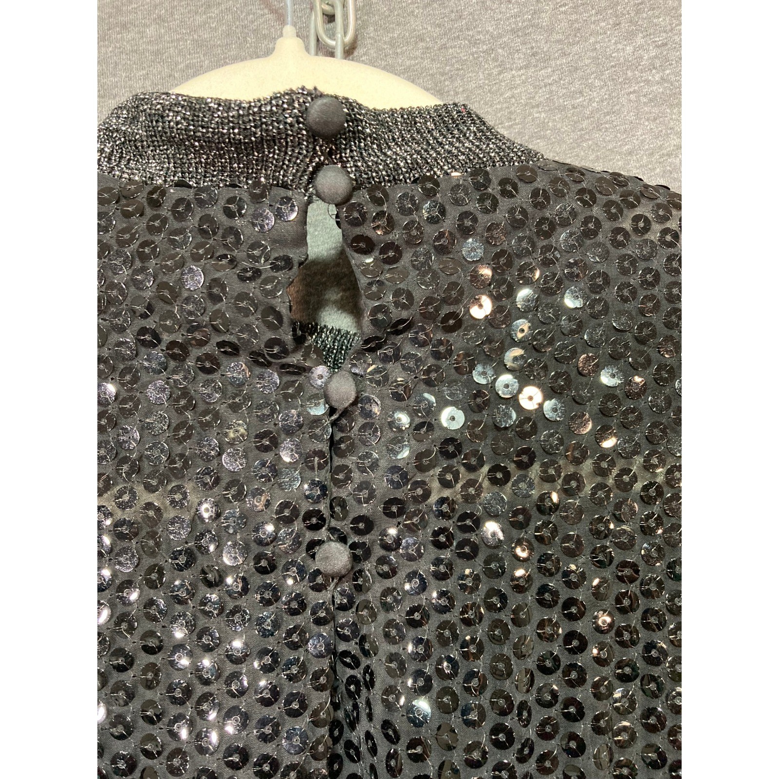 Vintage Tally Boutique 80s Asymmetric Sequin Metallic Blouse Black Silver 8