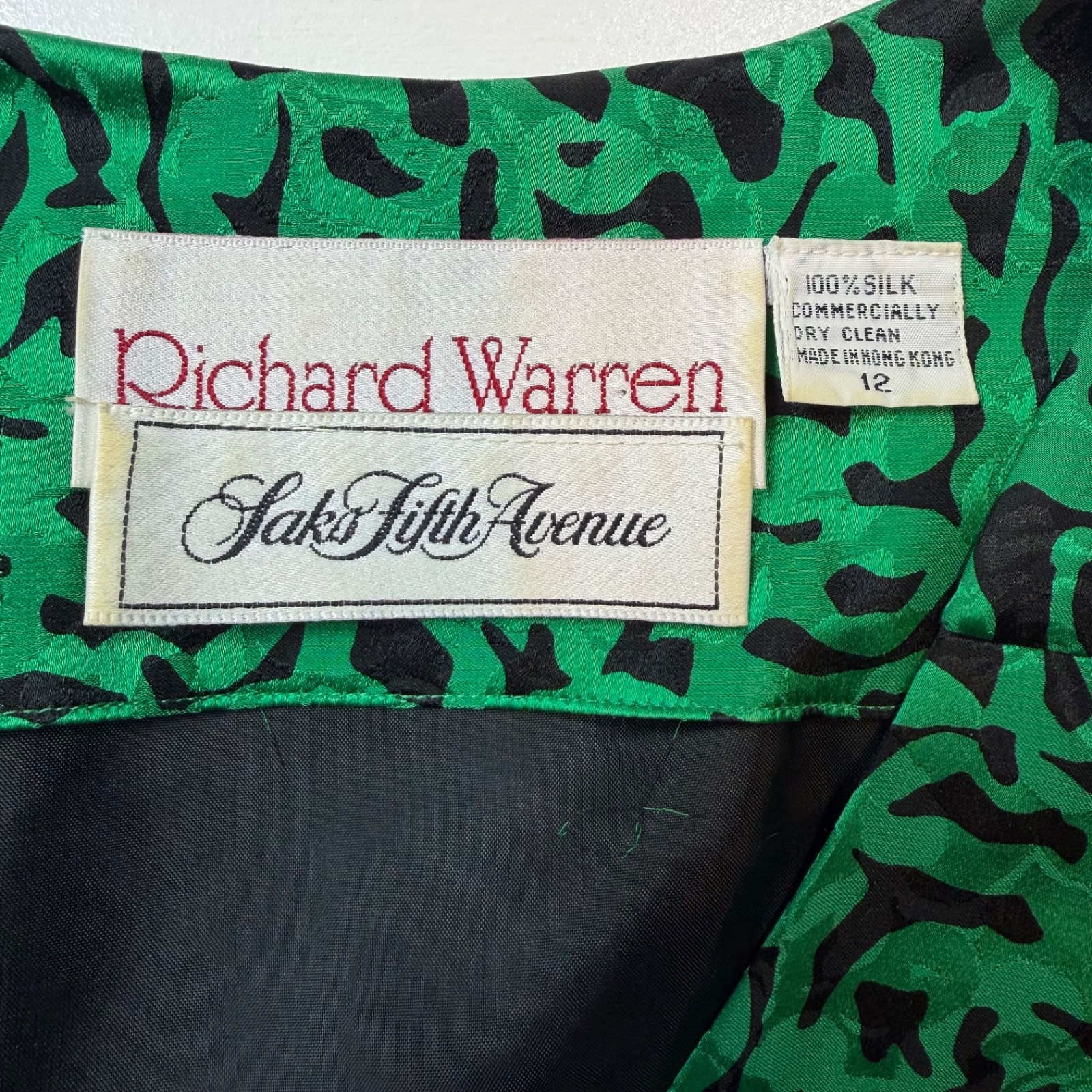 VTG Richard Warren Saks Fifth Ave Silk Dress 12 Green Animal Print Tiered Ruffle