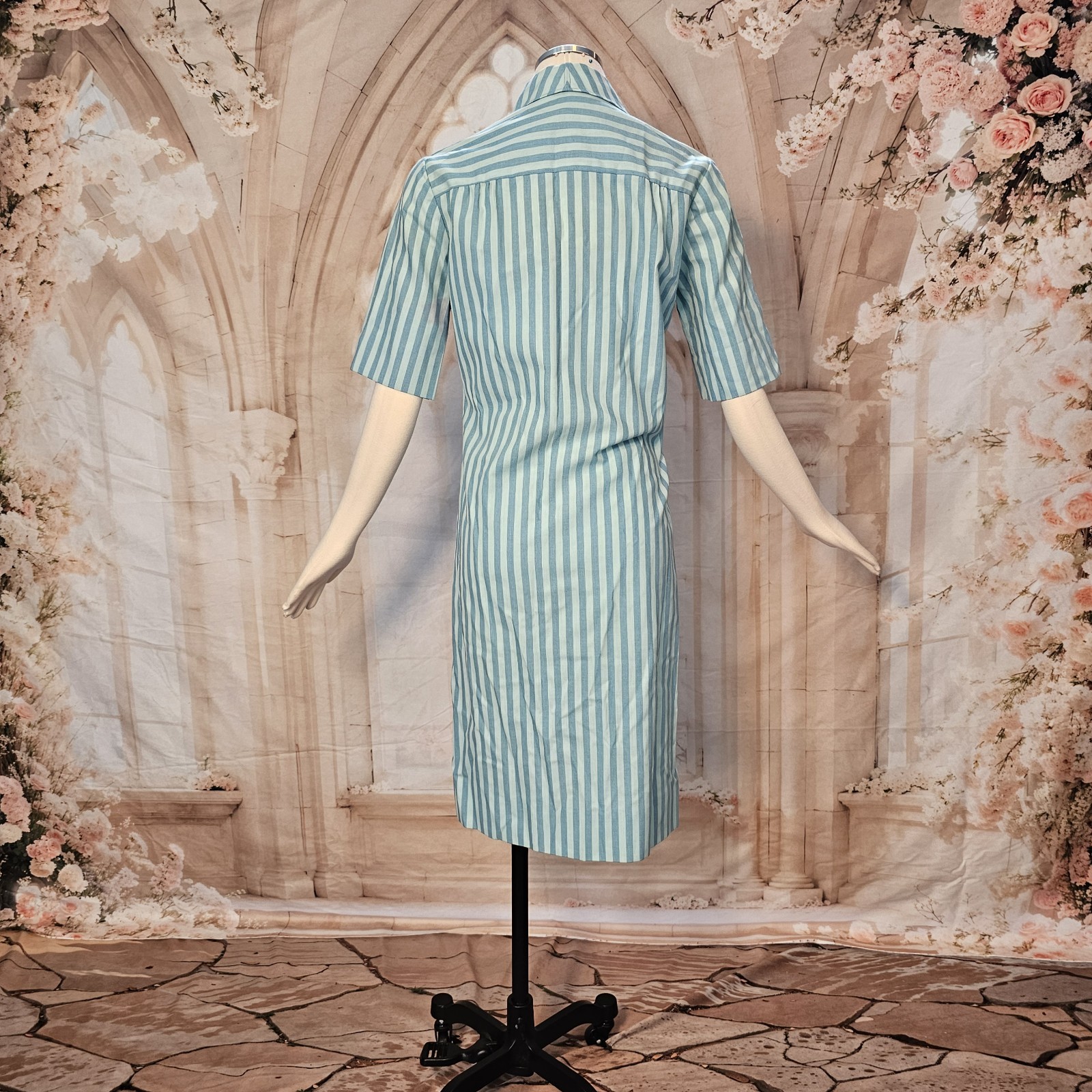 Vintage 1960’s Dress Shift Mod Blue Stripe Pockets Collar Short Sleeves Westbury