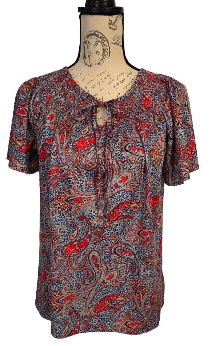 Haband For Her Womens Blouse Small Smocking Red Blue Paisley Print Shirt Top