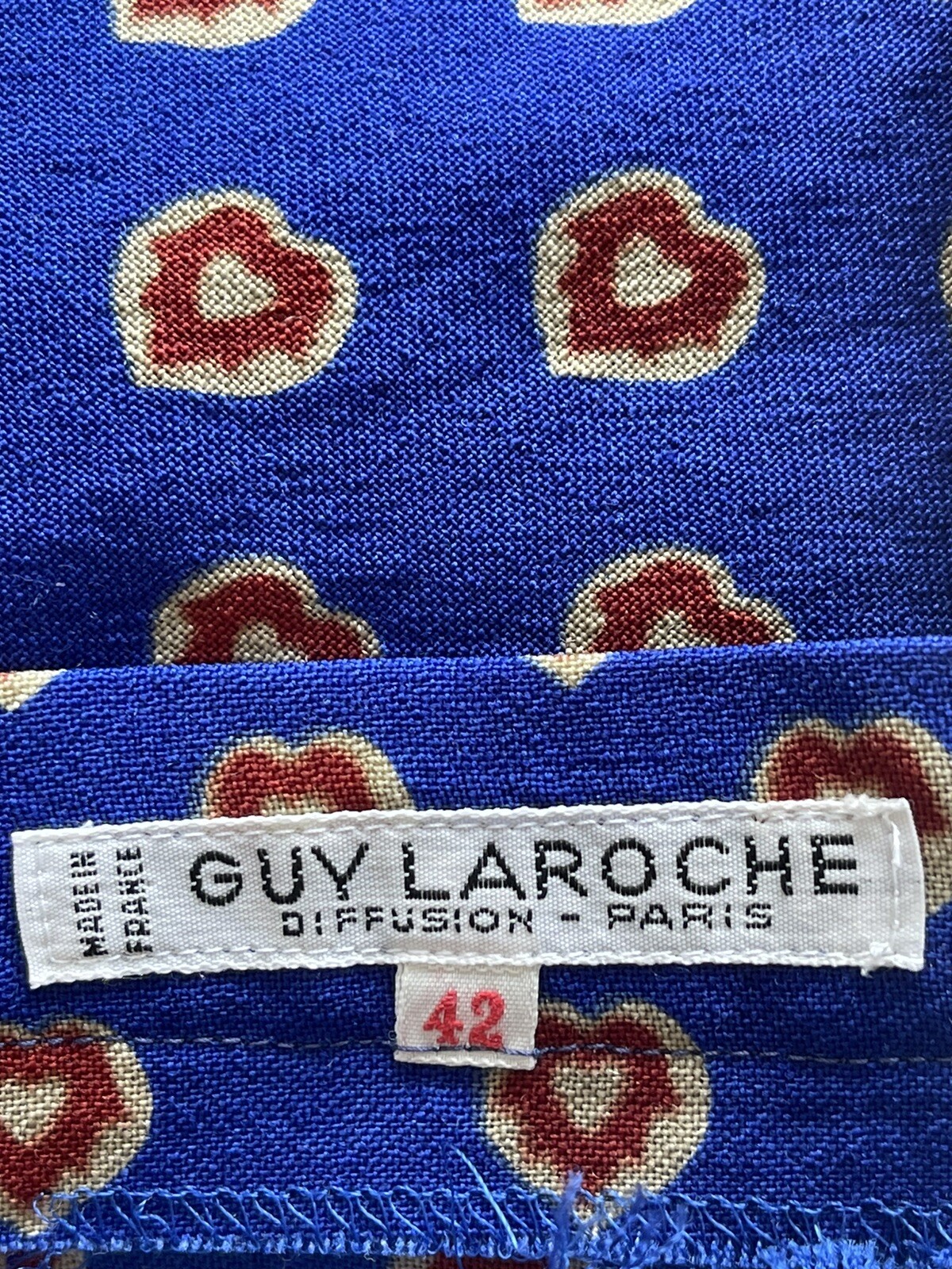 GUY LAROCHE 1980s Vintage Wool Skirt Cobalt Blue Block Print Handmade Size FR42