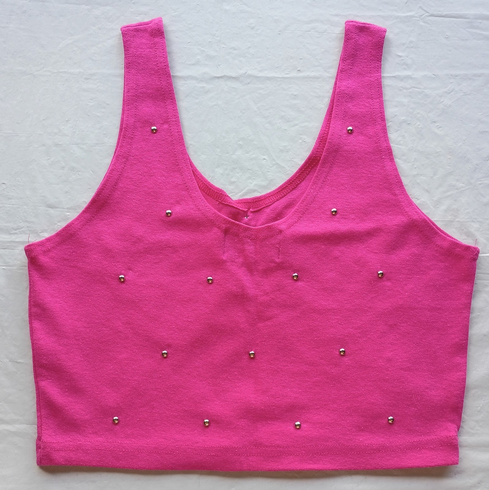 80s 90s Y2K Rave Hot Fuschia Pink Studded Stretch Crop Top Vintage Size L