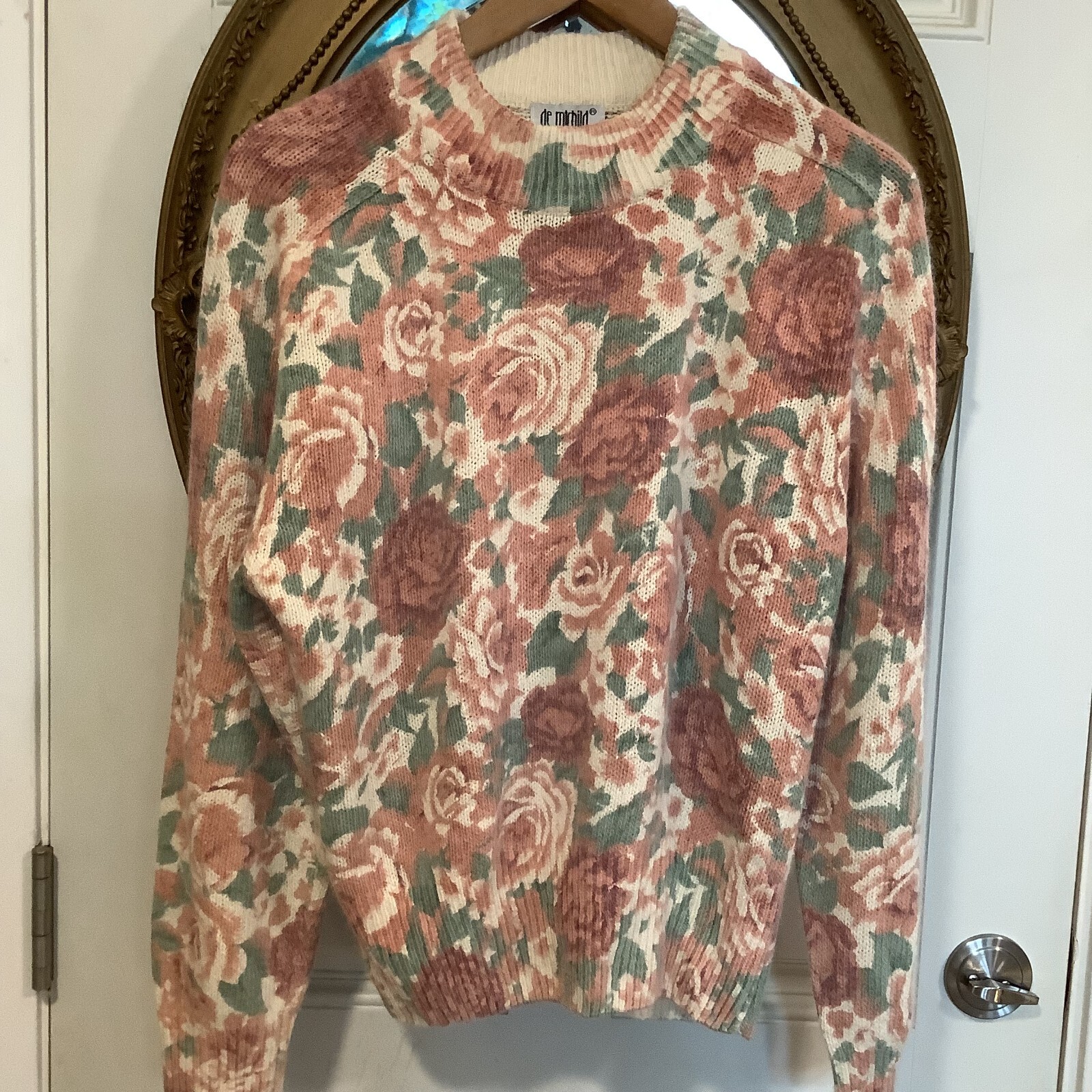 Vintage cream mauve Roses silk angora Fairy cottagecore pullover sweater M cozy