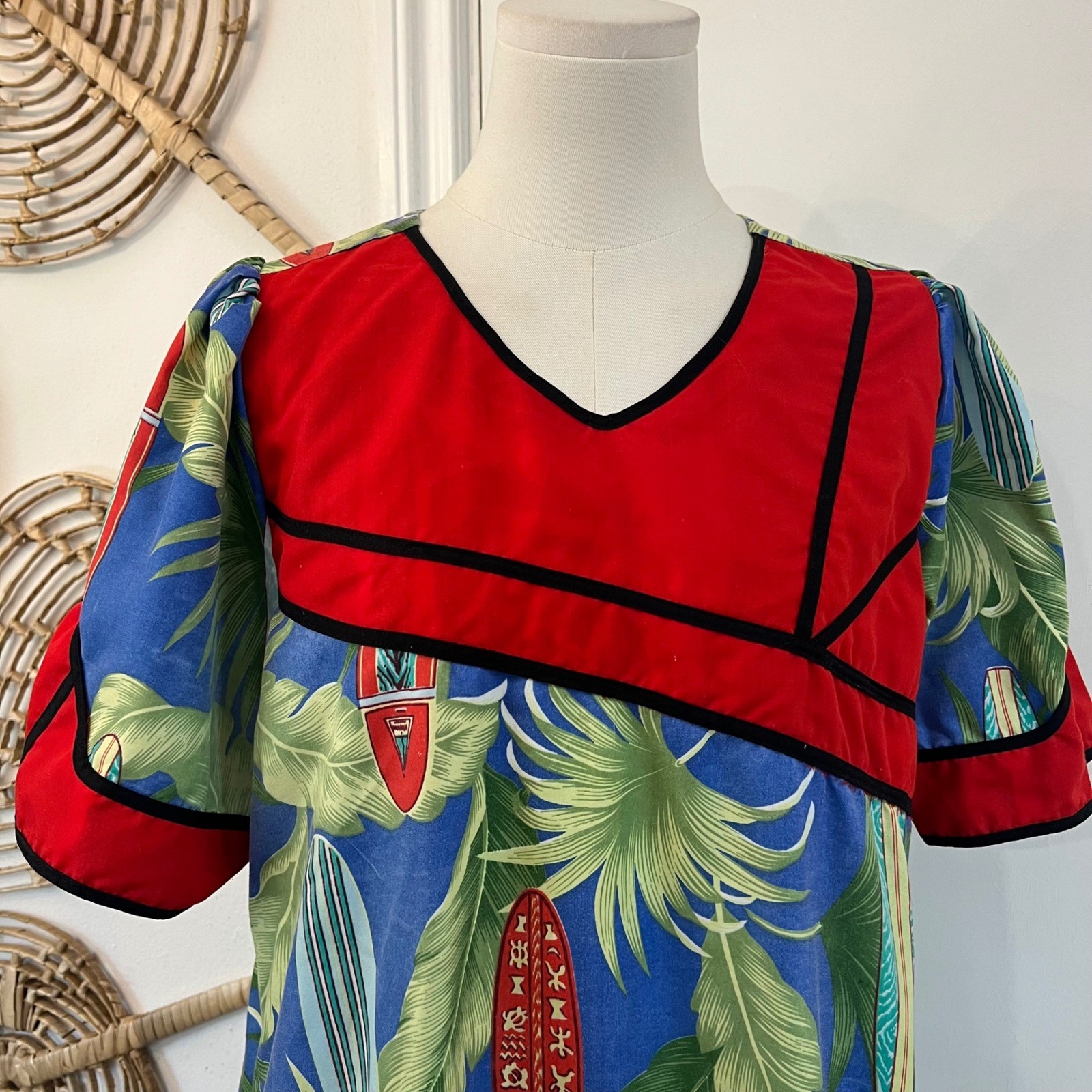 Vintage Blue Red Cotton Surfboard Palm Print Tropical Muu Muu Ruffle Dress Large