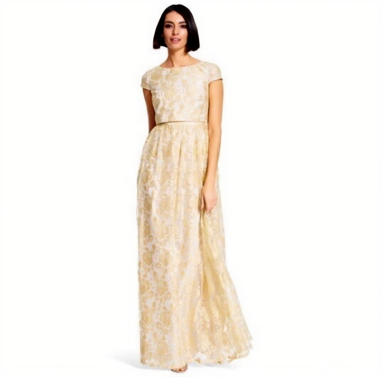 Adrianna Papell Formal Evening Dress Ivory Gold Short Sleeve