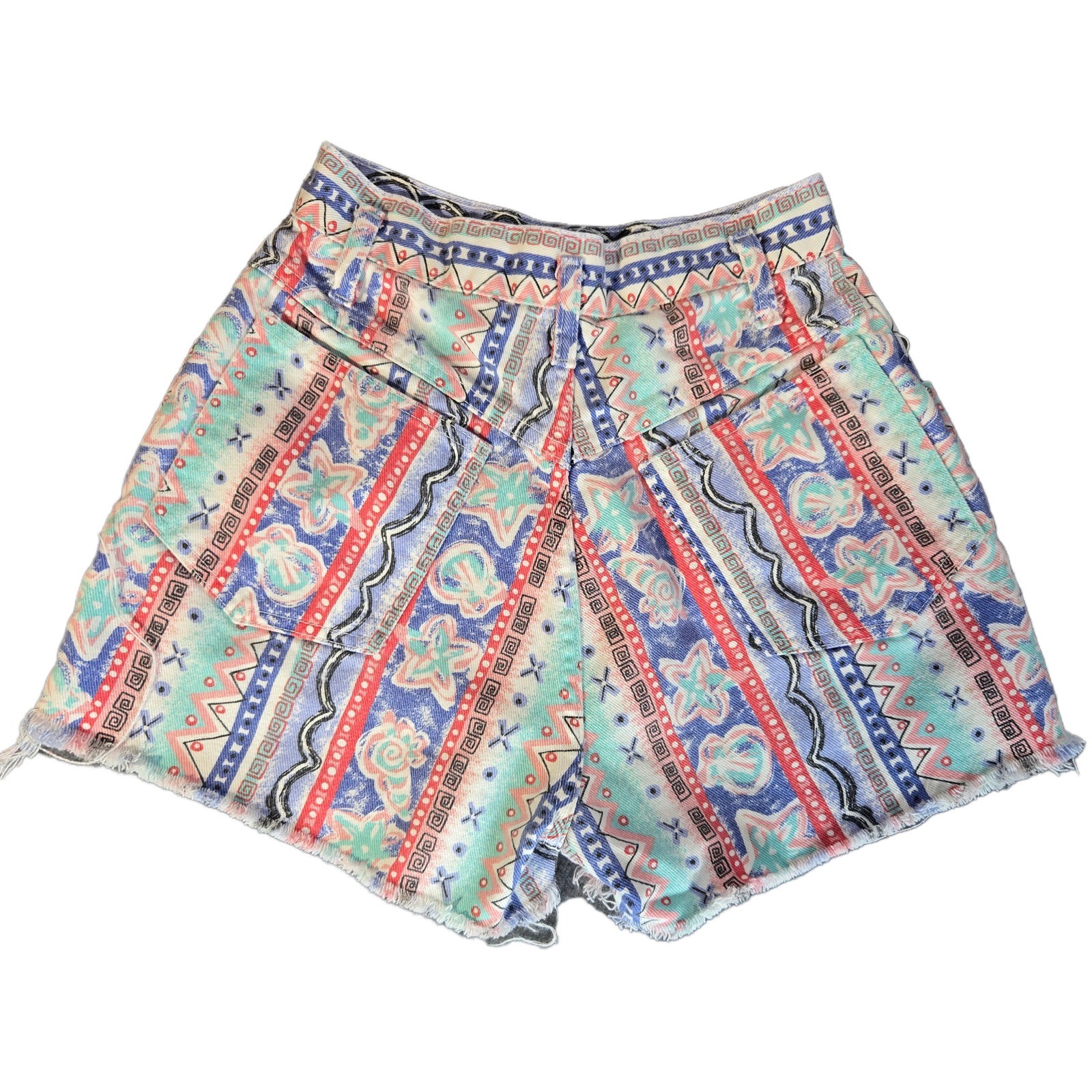 Vintage Mixed Blues 90s High Waist Tribal Print Denim Shorts Sz 5 Made in USA